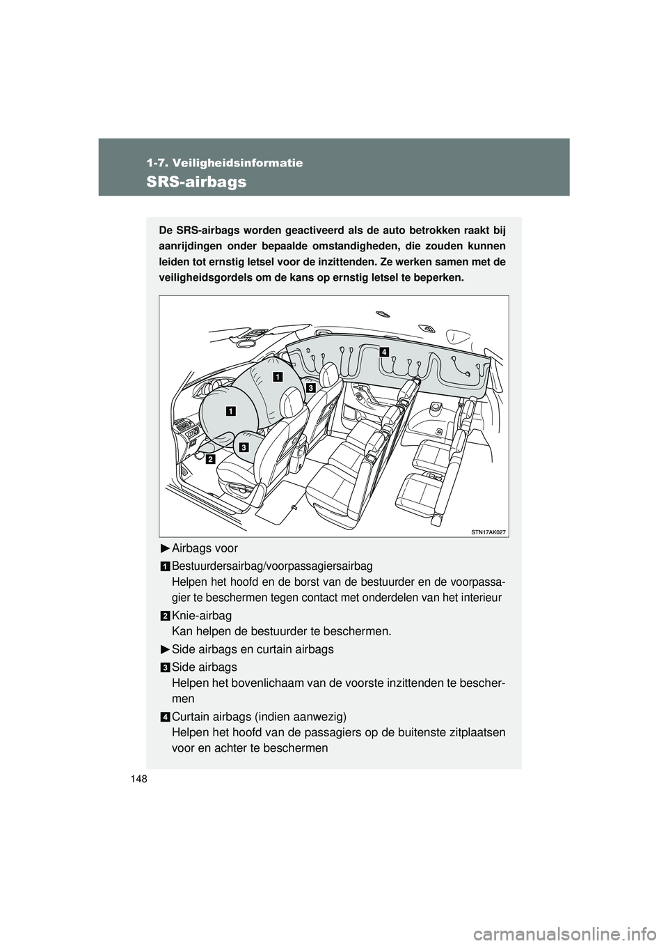 TOYOTA VERSO 2016 Instructieboekje (in Dutch) 148
1-7. Veiligheidsinformatie
VERSO_EE_OM64590E
SRS-airbags
De SRS-airbags worden geactiveerd als de auto betrokken raakt bij
aanrijdingen onder bepaalde omst andigheden, die zouden kunnen
leiden tot TOYOTA VERSO 2016 Instructieboekje (in Dutch) 148
1-7. Veiligheidsinformatie
VERSO_EE_OM64590E
SRS-airbags
De SRS-airbags worden geactiveerd als de auto betrokken raakt bij
aanrijdingen onder bepaalde omst andigheden, die zouden kunnen
leiden tot