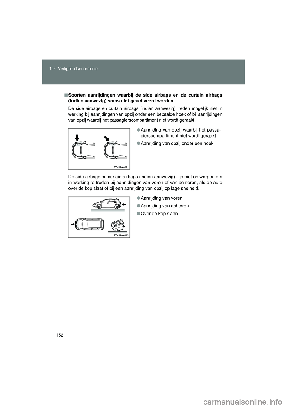 TOYOTA VERSO 2016 Instructieboekje (in Dutch) 152
1-7. Veiligheidsinformatie
VERSO_EE_OM64590E
■
Soorten aanrijdingen waarbij de side airbags en de curtain airbags
(indien aanwezig) soms niet geactiveerd worden
De side airbags en curtain airb TOYOTA VERSO 2016 Instructieboekje (in Dutch) 152
1-7. Veiligheidsinformatie
VERSO_EE_OM64590E
■
Soorten aanrijdingen waarbij de side airbags en de curtain airbags
(indien aanwezig) soms niet geactiveerd worden
De side airbags en curtain airb