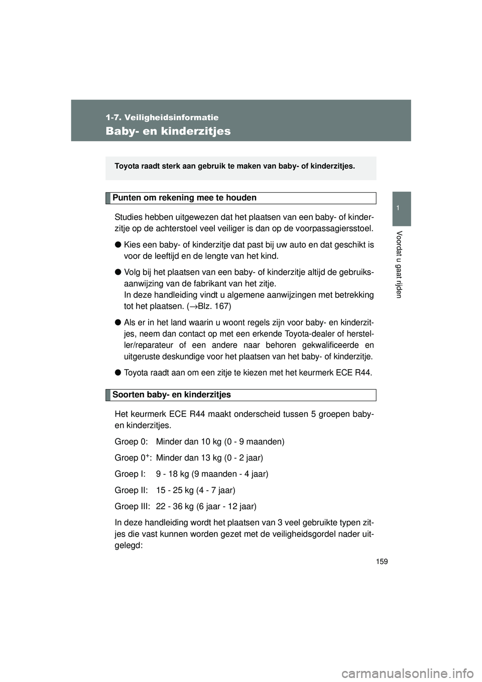 TOYOTA VERSO 2016 Instructieboekje (in Dutch) 159
1
1-7. Veiligheidsinformatie
Voordat u gaat rijden
VERSO_EE_OM64590E
Baby- en kinderzitjes
Punten om rekening mee te houdenStudies hebben uitgewezen dat het plaatsen van een baby- of kinder-
zitj TOYOTA VERSO 2016 Instructieboekje (in Dutch) 159
1
1-7. Veiligheidsinformatie
Voordat u gaat rijden
VERSO_EE_OM64590E
Baby- en kinderzitjes
Punten om rekening mee te houdenStudies hebben uitgewezen dat het plaatsen van een baby- of kinder-
zitj