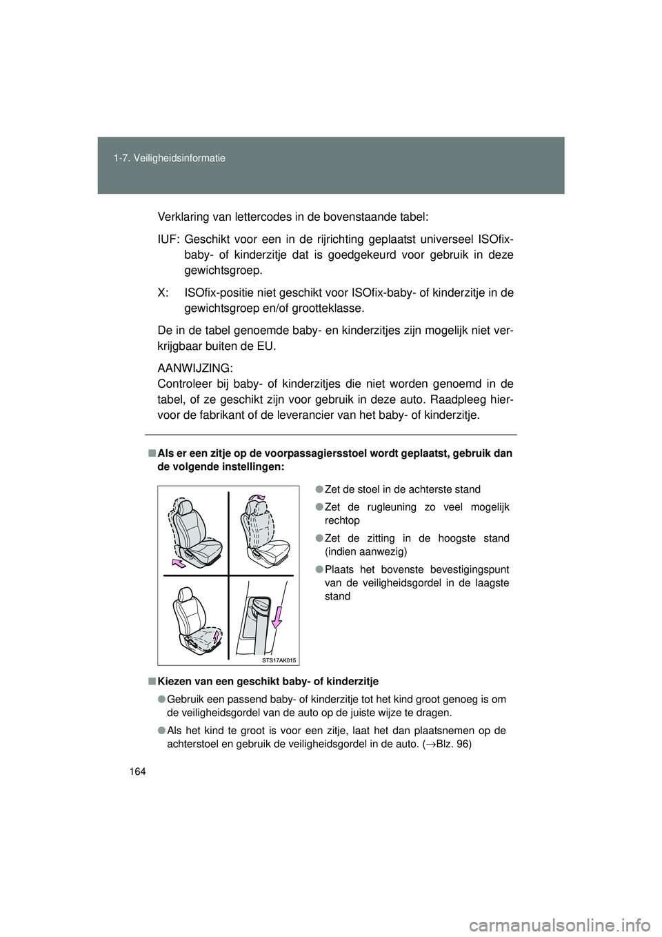 TOYOTA VERSO 2016 Instructieboekje (in Dutch) 164
1-7. Veiligheidsinformatie
VERSO_EE_OM64590E
Verklaring van lettercodes in de bovenstaande tabel:
IUF: Geschikt voor een in de rijric
hting geplaatst universeel ISOfix-
baby- of kinderzitje dat is TOYOTA VERSO 2016 Instructieboekje (in Dutch) 164
1-7. Veiligheidsinformatie
VERSO_EE_OM64590E
Verklaring van lettercodes in de bovenstaande tabel:
IUF: Geschikt voor een in de rijric
hting geplaatst universeel ISOfix-
baby- of kinderzitje dat is