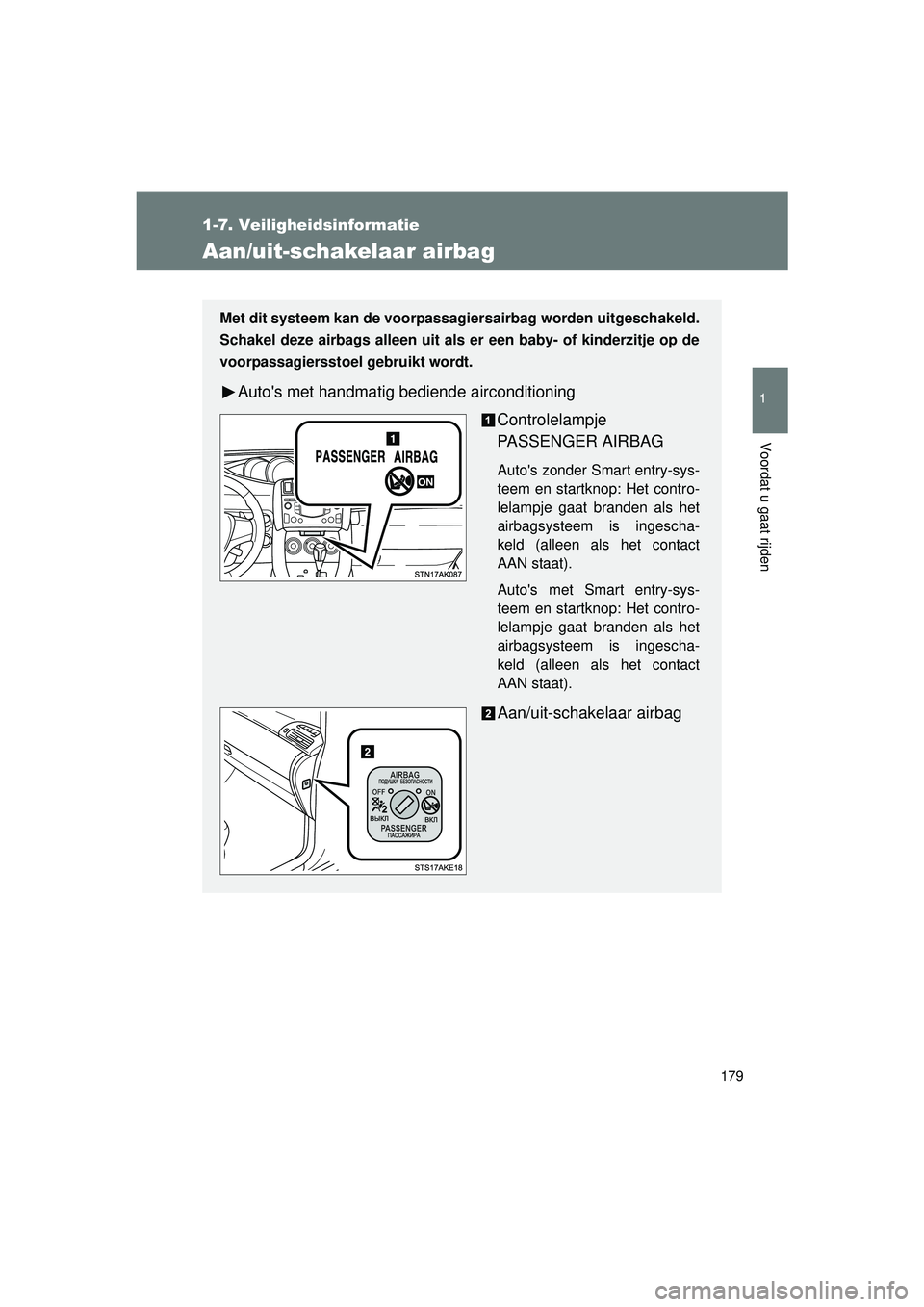 TOYOTA VERSO 2016 Instructieboekje (in Dutch) 179
1
1-7. Veiligheidsinformatie
Voordat u gaat rijden
VERSO_EE_OM64590E
Aan/uit-schakelaar airbag
Met dit systeem kan de voorpassagiersairbag worden uitgeschakeld.
Schakel deze airbags alleen uit als TOYOTA VERSO 2016 Instructieboekje (in Dutch) 179
1
1-7. Veiligheidsinformatie
Voordat u gaat rijden
VERSO_EE_OM64590E
Aan/uit-schakelaar airbag
Met dit systeem kan de voorpassagiersairbag worden uitgeschakeld.
Schakel deze airbags alleen uit als