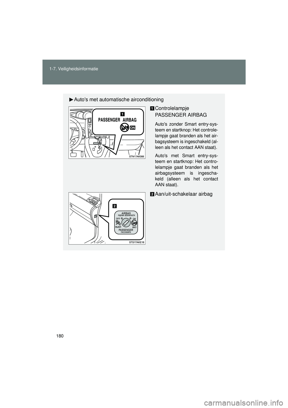 TOYOTA VERSO 2016 Instructieboekje (in Dutch) 180
1-7. Veiligheidsinformatie
VERSO_EE_OM64590E
Autos met automat
ische airconditioning
Controlelampje
PASSENGER AIRBAG
Autos zonder Smart entry-sys-
teem en startknop: Het controle-
lampje gaat b TOYOTA VERSO 2016 Instructieboekje (in Dutch) 180
1-7. Veiligheidsinformatie
VERSO_EE_OM64590E
Autos met automat
ische airconditioning
Controlelampje
PASSENGER AIRBAG
Autos zonder Smart entry-sys-
teem en startknop: Het controle-
lampje gaat b