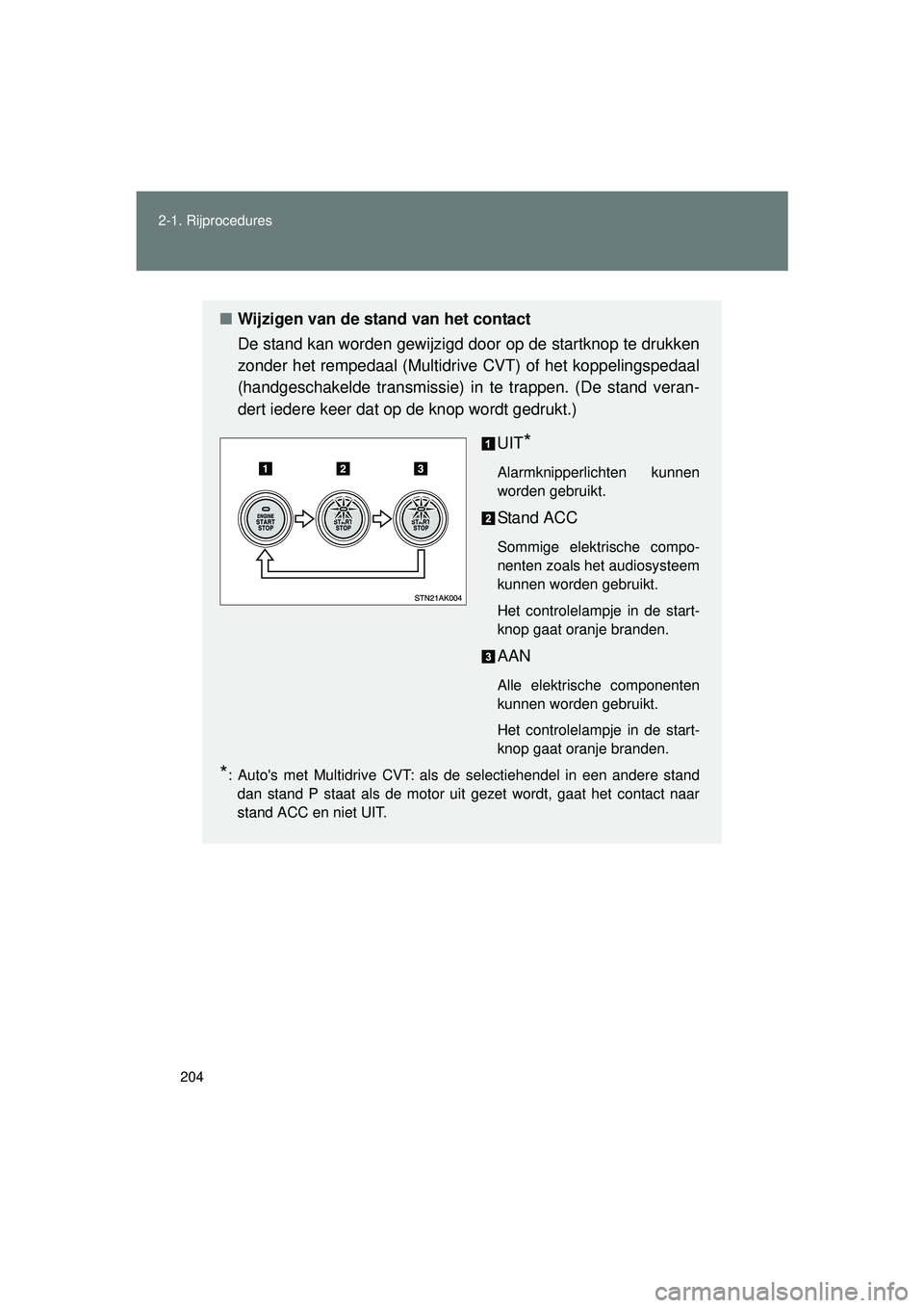 TOYOTA VERSO 2016 Instructieboekje (in Dutch) 204
2-1. Rijprocedures
VERSO_EE_OM64590E
■
Wijzigen van de stand van het contact
De stand kan worden gewijzigd door op de startknop te drukken
zonder het rempedaal (Multidrive CVT) of het koppelings TOYOTA VERSO 2016 Instructieboekje (in Dutch) 204
2-1. Rijprocedures
VERSO_EE_OM64590E
■
Wijzigen van de stand van het contact
De stand kan worden gewijzigd door op de startknop te drukken
zonder het rempedaal (Multidrive CVT) of het koppelings