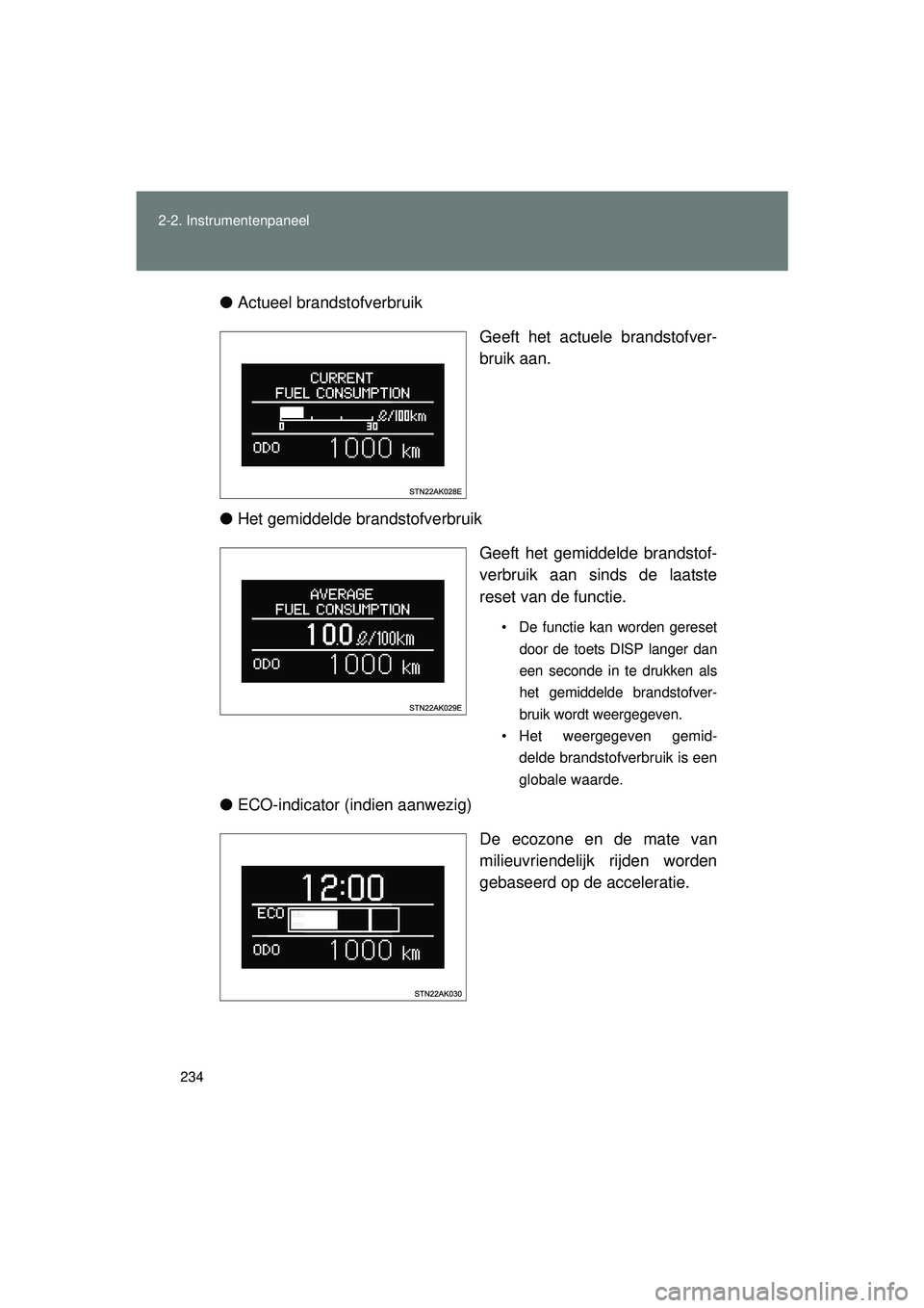 TOYOTA VERSO 2016  Instructieboekje (in Dutch) 234
2-2. Instrumentenpaneel
VERSO_EE_OM64590E
●
Actueel brandstofverbruik
Geeft het actuele brandstofver-
bruik aan. 
● Het gemiddelde brandstofverbruik
Geeft het gemiddelde brandstof-
verbruik aa