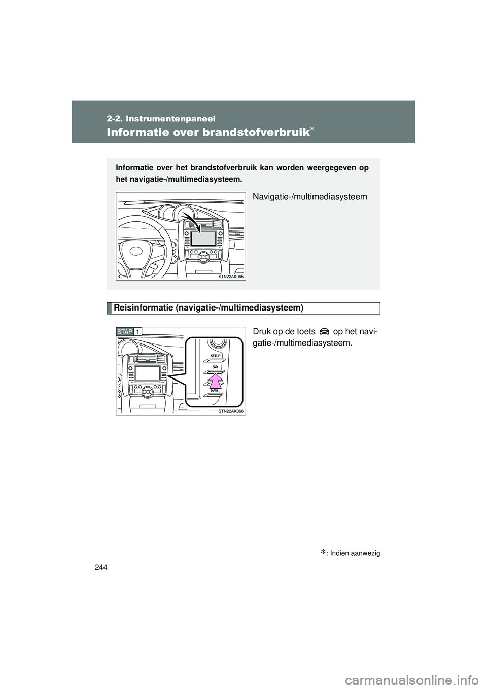 TOYOTA VERSO 2016  Instructieboekje (in Dutch) 244
2-2. Instrumentenpaneel
VERSO_EE_OM64590E
Infor matie over brandstofverbruik∗
Reisinformatie (navigatie-/multimediasysteem)Druk op de toets   op het navi-
gatie-/multimediasysteem.
∗: Indien a