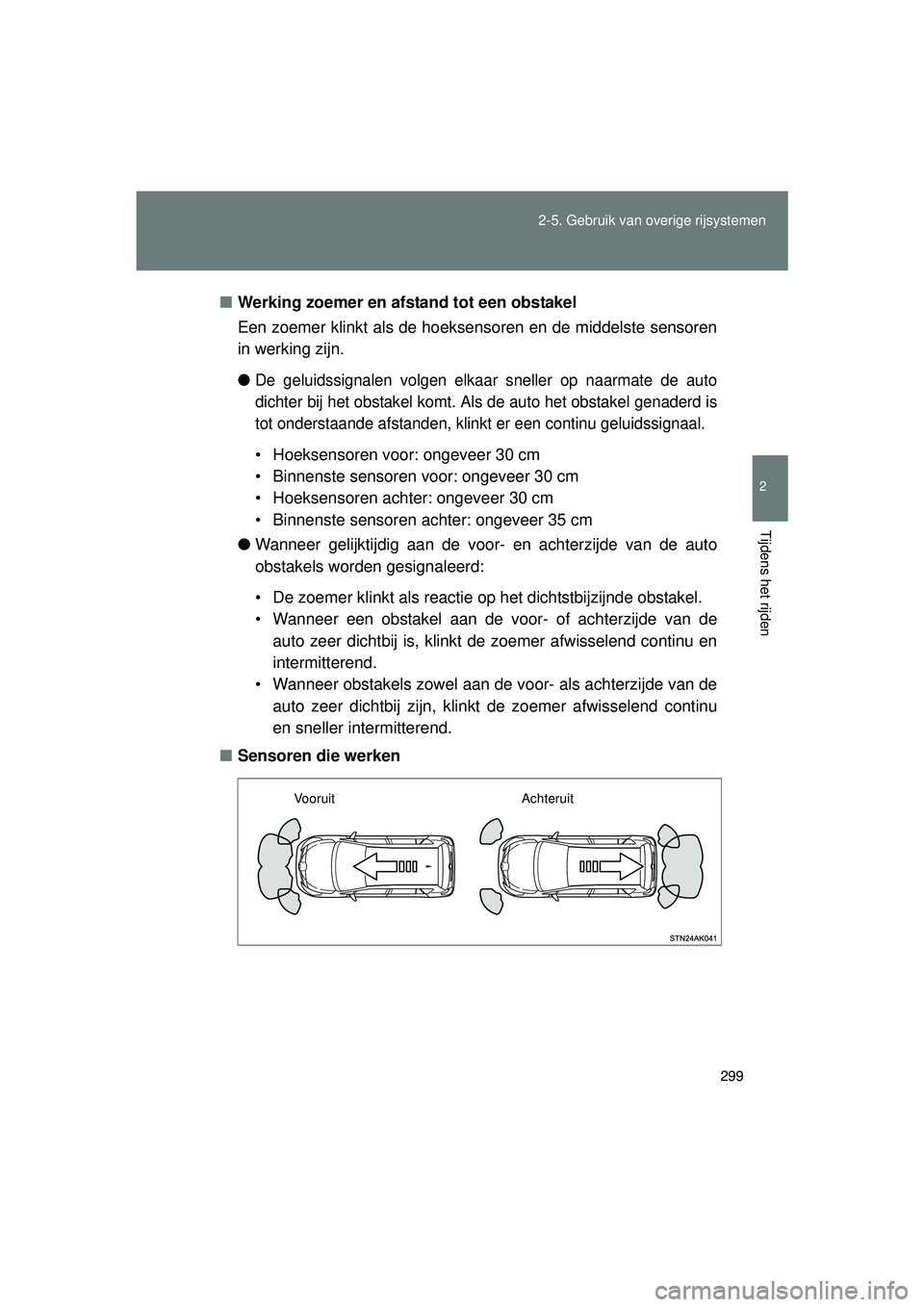TOYOTA VERSO 2016 Instructieboekje (in Dutch) 299
2-5. Gebruik van overige rijsystemen
2
Tijdens het rijden
VERSO_EE_OM64590E
■
Werking zoemer en afstand tot een obstakel
Een zoemer klinkt als de hoeksensoren en de middelste sensoren
in werking TOYOTA VERSO 2016 Instructieboekje (in Dutch) 299
2-5. Gebruik van overige rijsystemen
2
Tijdens het rijden
VERSO_EE_OM64590E
■
Werking zoemer en afstand tot een obstakel
Een zoemer klinkt als de hoeksensoren en de middelste sensoren
in werking