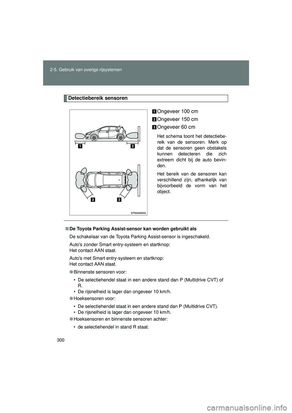 TOYOTA VERSO 2016 Instructieboekje (in Dutch) 300
2-5. Gebruik van overige rijsystemen
VERSO_EE_OM64590E
Detectiebereik sensoren
Ongeveer 100 cm
Ongeveer 150 cm
Ongeveer 60 cm
Het schema toont het detectiebe-
reik van de sensoren. Merk op
dat de TOYOTA VERSO 2016 Instructieboekje (in Dutch) 300
2-5. Gebruik van overige rijsystemen
VERSO_EE_OM64590E
Detectiebereik sensoren
Ongeveer 100 cm
Ongeveer 150 cm
Ongeveer 60 cm
Het schema toont het detectiebe-
reik van de sensoren. Merk op
dat de