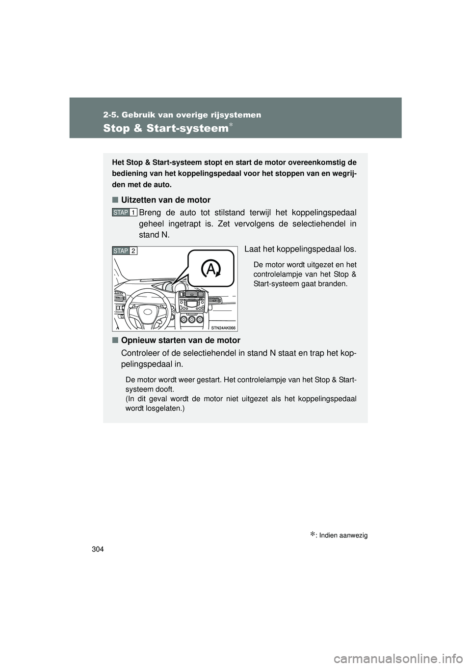 TOYOTA VERSO 2016  Instructieboekje (in Dutch) 304
2-5. Gebruik van overige rijsystemen
VERSO_EE_OM64590E
Stop & Start-systeem∗
∗: Indien aanwezig
Het Stop & Start-systeem stopt en start de motor overeenkomstig de
bediening van het koppelingsp