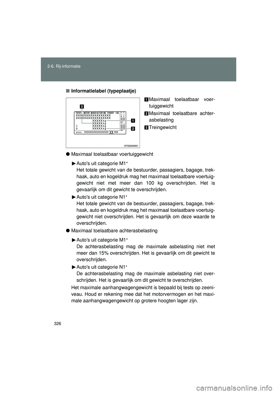 TOYOTA VERSO 2016 Instructieboekje (in Dutch) 326
2-6. Rij-informatie
VERSO_EE_OM64590E
■
Informatielabel (typeplaatje)
Maximaal toelaatbaar voer-
tuiggewicht
Maximaal toelaatbare achter-
asbelasting
Treingewicht
● Maximaal toelaatbaar voertu TOYOTA VERSO 2016 Instructieboekje (in Dutch) 326
2-6. Rij-informatie
VERSO_EE_OM64590E
■
Informatielabel (typeplaatje)
Maximaal toelaatbaar voer-
tuiggewicht
Maximaal toelaatbare achter-
asbelasting
Treingewicht
● Maximaal toelaatbaar voertu