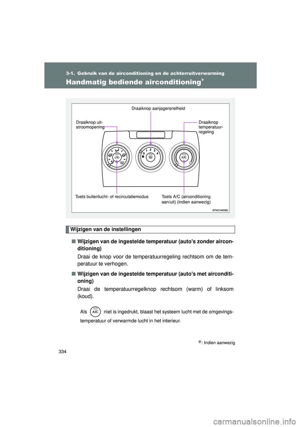 TOYOTA VERSO 2016  Instructieboekje (in Dutch) 334
VERSO_EE_OM64590E
3-1. Gebruik van de airconditioning en de achterruitverwarming
Handmatig bediende airconditioning∗
Wijzigen van de instellingen■ Wijzigen van de ingestelde te mperatuur (auto