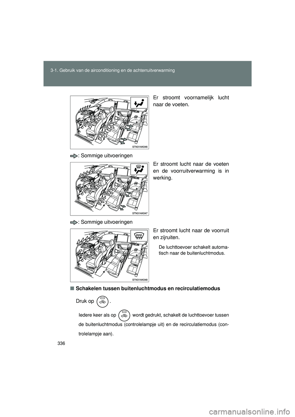 TOYOTA VERSO 2016  Instructieboekje (in Dutch) 336
3-1. Gebruik van de airconditioning en de achterruitverwarming
VERSO_EE_OM64590E
Er stroomt voornamelijk lucht
naar de voeten.
: Sommige uitvoeringen Er stroomt lucht naar de voeten
en de voorruit