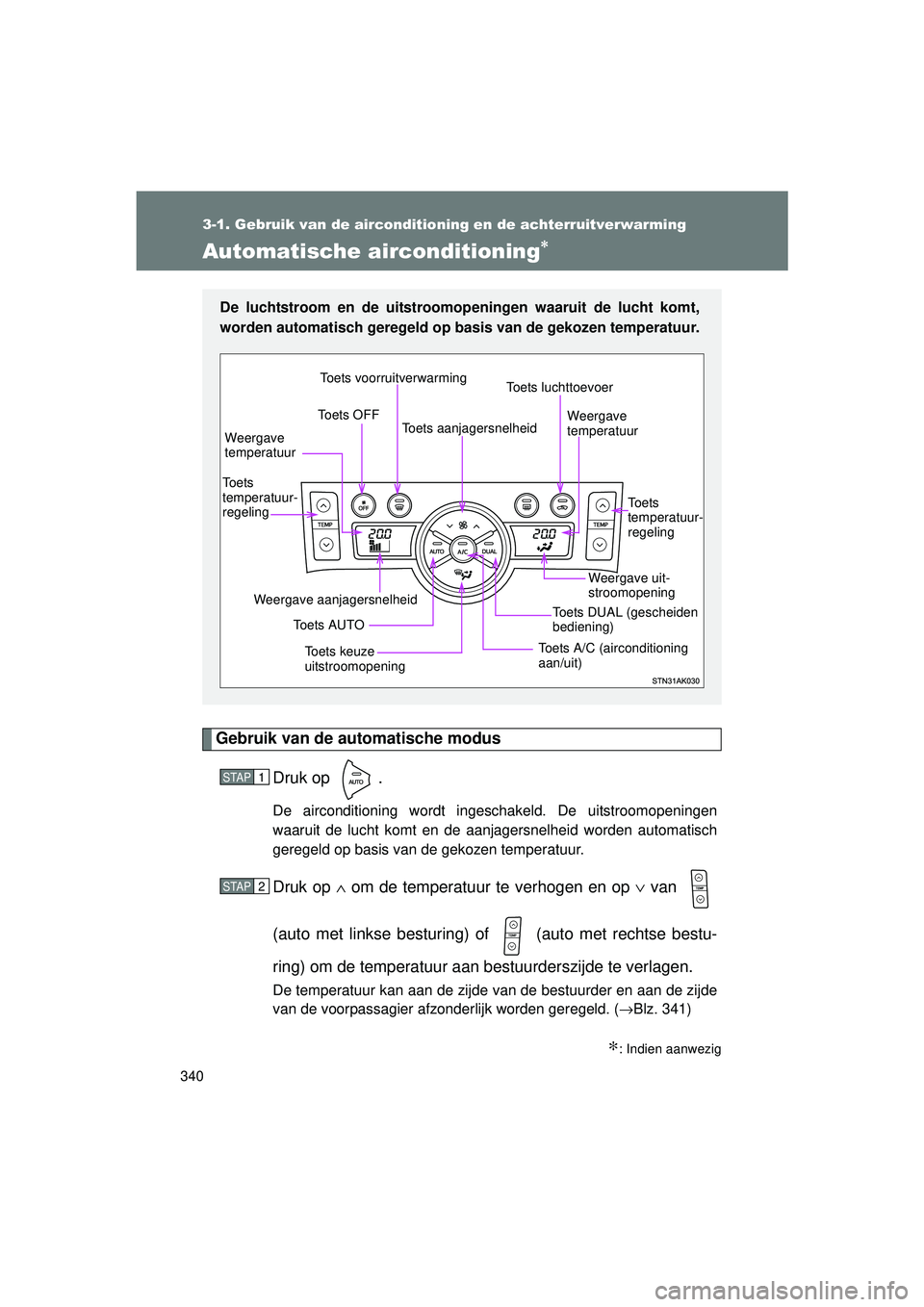 TOYOTA VERSO 2016  Instructieboekje (in Dutch) 3403-1. Gebruik van de airconditioning en de achterruitverwarming
VERSO_EE_OM64590E
Automatische airconditioning∗
Gebruik van de automatische modus
Druk op  .
De airconditioning wordt ingeschakeld. 