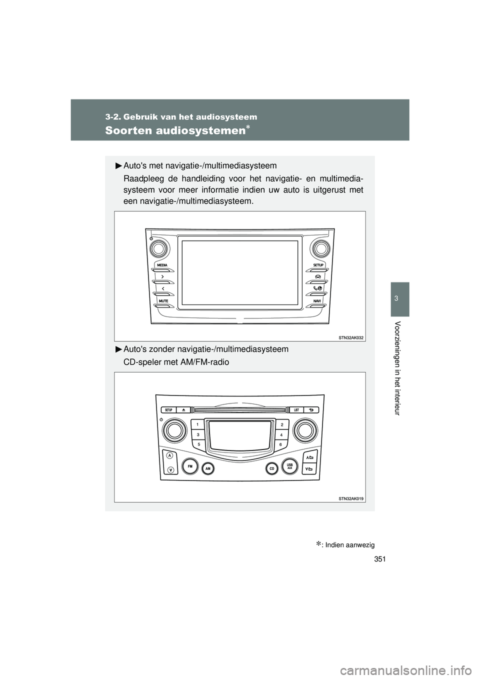 TOYOTA VERSO 2016  Instructieboekje (in Dutch) 351
3
Voorzieningen in het interieur
VERSO_EE_OM64590E
3-2. Gebruik van het audiosysteem
Soorten audiosystemen∗
∗: Indien aanwezig
Autos met navigatie-/multimediasysteem
Raadpleeg de handleiding 