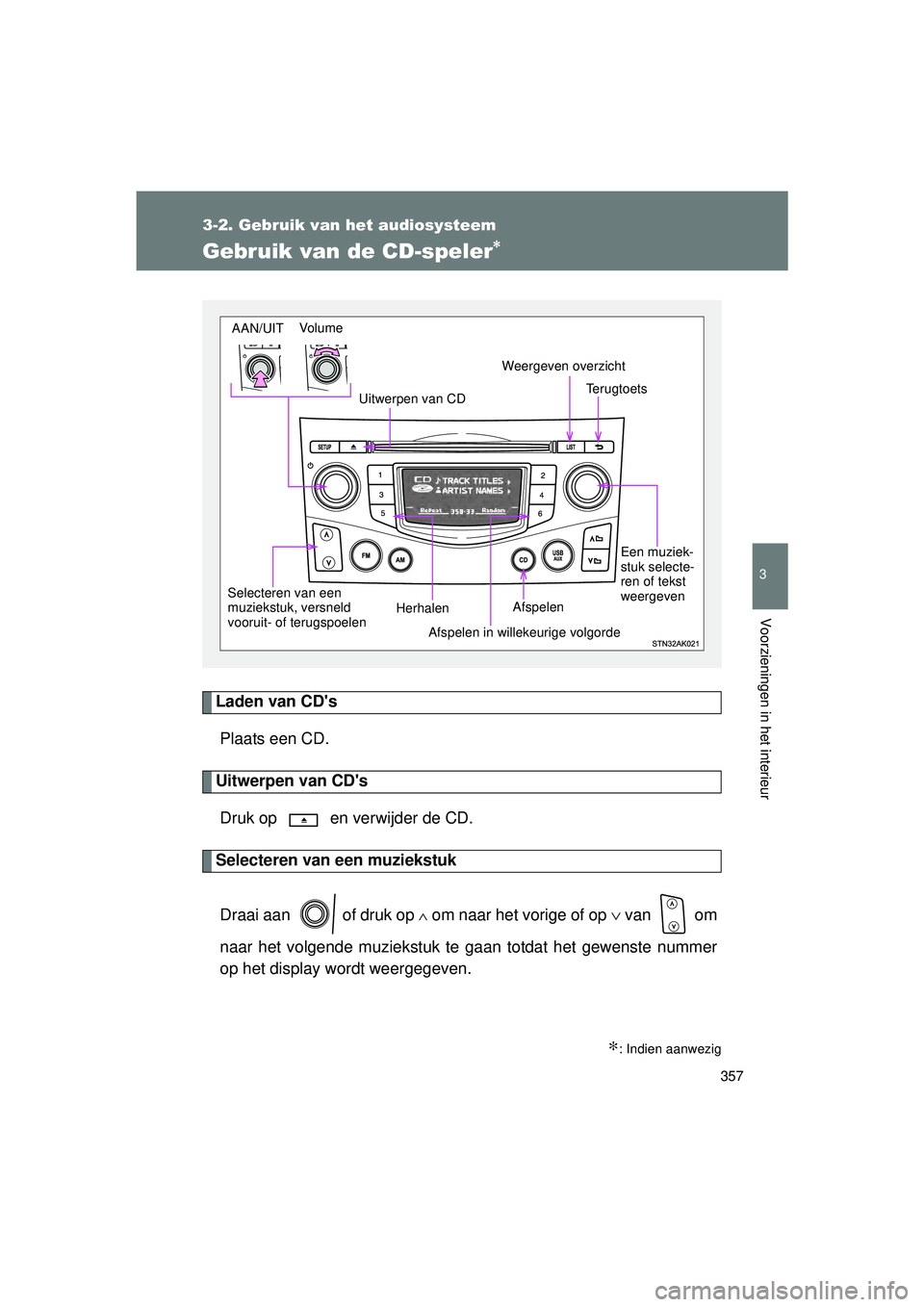 TOYOTA VERSO 2016  Instructieboekje (in Dutch) 357
3-2. Gebruik van het audiosysteem
3
Voorzieningen in het interieur
VERSO_EE_OM64590E
Gebruik van de CD-speler∗
Laden van CDsPlaats een CD.
Uitwerpen van CDsDruk op   en verwijder de CD.
Select