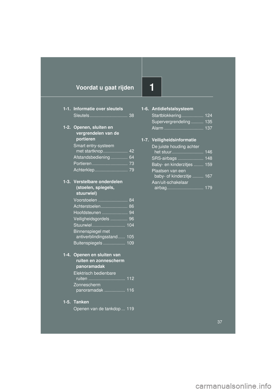 TOYOTA VERSO 2016  Instructieboekje (in Dutch) 1Voordat u gaat rijden
37
VERSO_EE_OM64590E
1-1. Informatie over sleutelsSleutels ...............................  38
1-2. Openen, sluiten en  vergrendelen van de 
portieren
Smart entry-systeem  met s