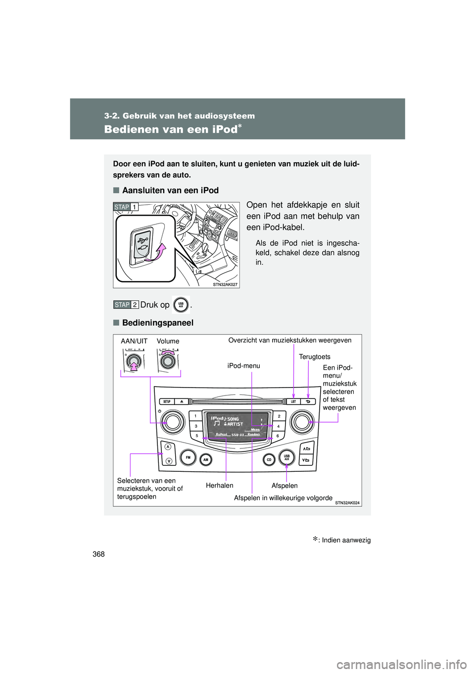 TOYOTA VERSO 2016  Instructieboekje (in Dutch) 368
3-2. Gebruik van het audiosysteem
VERSO_EE_OM64590E
Bedienen van een iPod∗
∗: Indien aanwezig
Door een iPod aan te sluiten, kunt u genieten van muziek uit de luid-
sprekers van de auto.
■ Aa