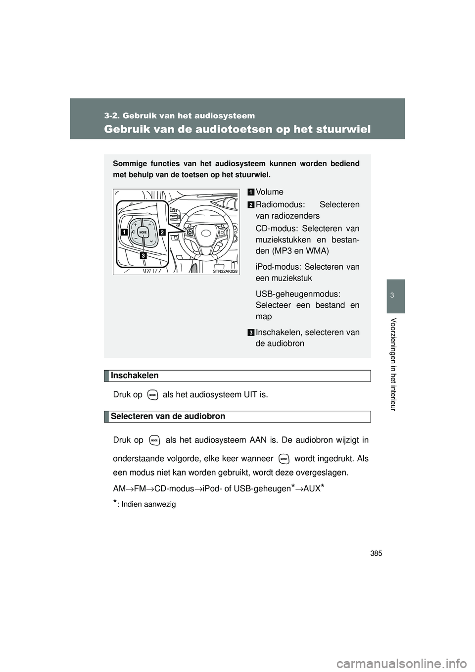 TOYOTA VERSO 2016  Instructieboekje (in Dutch) 385
3-2. Gebruik van het audiosysteem
3
Voorzieningen in het interieur
VERSO_EE_OM64590E
Gebruik van de audiotoetsen op het stuurwiel
InschakelenDruk op   als het audiosysteem UIT is.
Selecteren van d