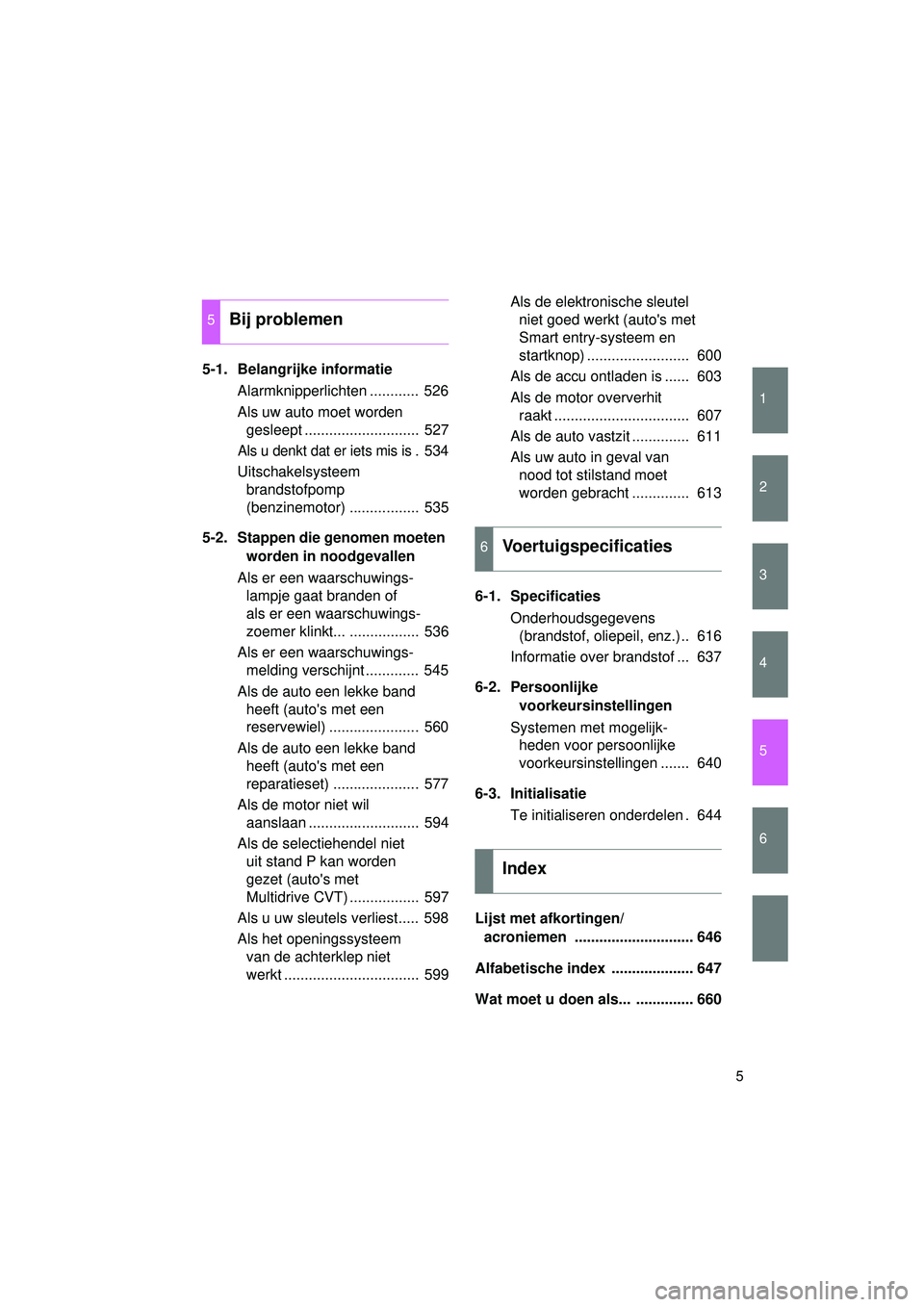 TOYOTA VERSO 2016 Instructieboekje (in Dutch) 1
2
3
4
5
6
5
VERSO_EE_OM64590E
5-1. Belangrijke informatieAlarmknipperlichten ............ 526
Als uw auto moet worden gesleept ............................ 527
Als u denkt dat er iets mis is. 534 TOYOTA VERSO 2016 Instructieboekje (in Dutch) 1
2
3
4
5
6
5
VERSO_EE_OM64590E
5-1. Belangrijke informatieAlarmknipperlichten ............ 526
Als uw auto moet worden gesleept ............................ 527
Als u denkt dat er iets mis is. 534