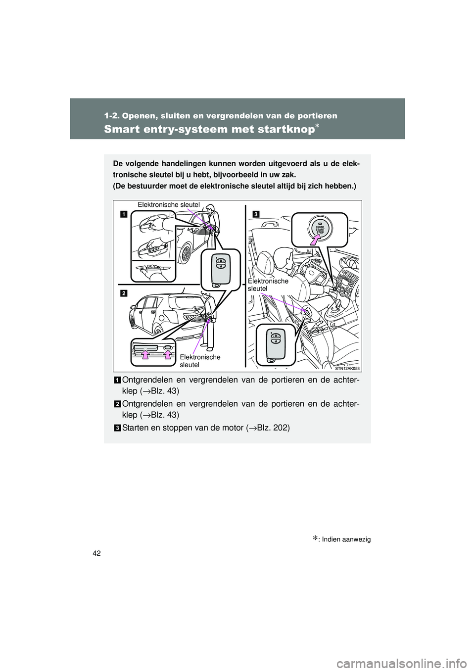 TOYOTA VERSO 2016 Instructieboekje (in Dutch) 42
VERSO_EE_OM64590E
1-2. Openen, sluiten en vergrendelen van de portieren
Smart entr y-systeem met startknop∗
∗: Indien aanwezig
De volgende handelingen kunnen worden uitgevoerd als u de elek-
tr TOYOTA VERSO 2016 Instructieboekje (in Dutch) 42
VERSO_EE_OM64590E
1-2. Openen, sluiten en vergrendelen van de portieren
Smart entr y-systeem met startknop∗
∗: Indien aanwezig
De volgende handelingen kunnen worden uitgevoerd als u de elek-
tr
