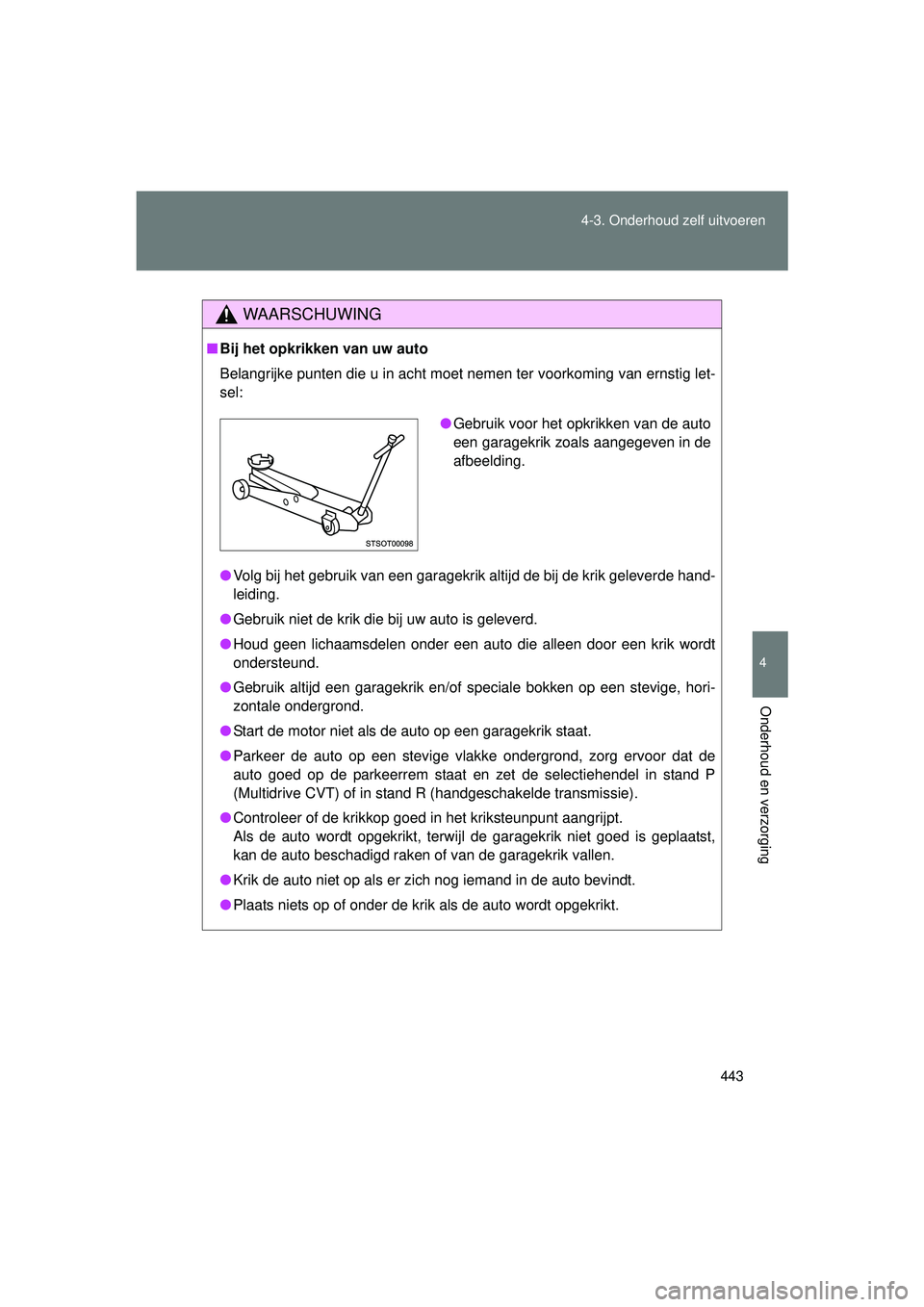TOYOTA VERSO 2016 Instructieboekje (in Dutch) 443
4-3. Onderhoud zelf uitvoeren
4
Onderhoud en verzorging
VERSO_EE_OM64590E
WAARSCHUWING
■
Bij het opkrikken van uw auto
Belangrijke punten die u in acht moet nemen ter voorkoming van ernstig let- TOYOTA VERSO 2016 Instructieboekje (in Dutch) 443
4-3. Onderhoud zelf uitvoeren
4
Onderhoud en verzorging
VERSO_EE_OM64590E
WAARSCHUWING
■
Bij het opkrikken van uw auto
Belangrijke punten die u in acht moet nemen ter voorkoming van ernstig let-
