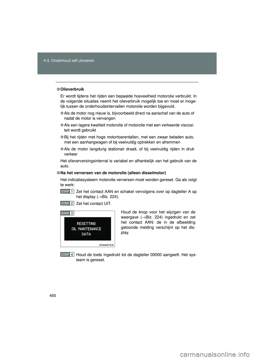 TOYOTA VERSO 2016 Instructieboekje (in Dutch) 450
4-3. Onderhoud zelf uitvoeren
VERSO_EE_OM64590E
■
Olieverbruik
Er wordt tijdens het rijden een bepaalde hoeveelheid motorolie verbruikt. In
de volgende situaties neemt het olieverbruik mogelijk TOYOTA VERSO 2016 Instructieboekje (in Dutch) 450
4-3. Onderhoud zelf uitvoeren
VERSO_EE_OM64590E
■
Olieverbruik
Er wordt tijdens het rijden een bepaalde hoeveelheid motorolie verbruikt. In
de volgende situaties neemt het olieverbruik mogelijk