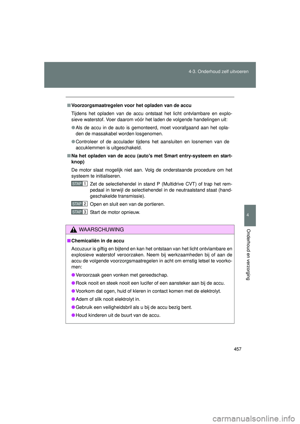 TOYOTA VERSO 2016 Instructieboekje (in Dutch) 457
4-3. Onderhoud zelf uitvoeren
4
Onderhoud en verzorging
VERSO_EE_OM64590E
■
Voorzorgsmaatregelen voor het opladen van de accu
Tijdens het opladen van de accu ontstaat het licht ontvlambare en ex TOYOTA VERSO 2016 Instructieboekje (in Dutch) 457
4-3. Onderhoud zelf uitvoeren
4
Onderhoud en verzorging
VERSO_EE_OM64590E
■
Voorzorgsmaatregelen voor het opladen van de accu
Tijdens het opladen van de accu ontstaat het licht ontvlambare en ex