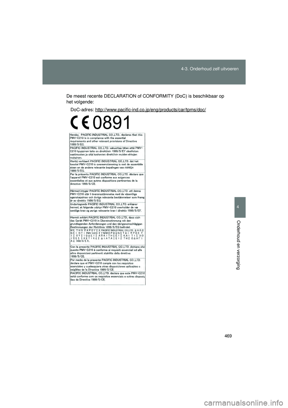 TOYOTA VERSO 2016 Instructieboekje (in Dutch) 469
4-3. Onderhoud zelf uitvoeren
4
Onderhoud en verzorging
VERSO_EE_OM64590E
De meest recente DECLARATION of CONFORMITY (DoC) is beschikbaar op
het volgende:
DoC-adres: http://www.pacific-ind.co.jp/e TOYOTA VERSO 2016 Instructieboekje (in Dutch) 469
4-3. Onderhoud zelf uitvoeren
4
Onderhoud en verzorging
VERSO_EE_OM64590E
De meest recente DECLARATION of CONFORMITY (DoC) is beschikbaar op
het volgende:
DoC-adres: http://www.pacific-ind.co.jp/e