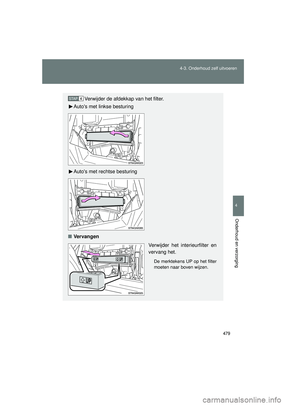 TOYOTA VERSO 2016 Instructieboekje (in Dutch) 479
4-3. Onderhoud zelf uitvoeren
4
Onderhoud en verzorging
VERSO_EE_OM64590E
Verwijder de afdekkap van het filter.
Autos met linkse besturing
Autos met rechtse besturing
■ Vervangen
Verwijder het TOYOTA VERSO 2016 Instructieboekje (in Dutch) 479
4-3. Onderhoud zelf uitvoeren
4
Onderhoud en verzorging
VERSO_EE_OM64590E
Verwijder de afdekkap van het filter.
Autos met linkse besturing
Autos met rechtse besturing
■ Vervangen
Verwijder het