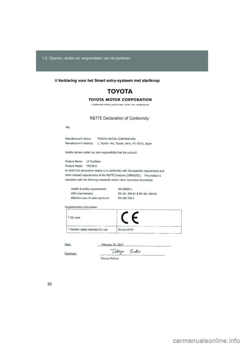 TOYOTA VERSO 2016  Instructieboekje (in Dutch) 52
1-2. Openen, sluiten en vergrendelen van de portieren
VERSO_EE_OM64590E
■
Verklaring voor het Smart  entry-systeem met startknop
VERSO_OM_Europe_OM64590E.book  Page 52   Thursday, November 19, 20