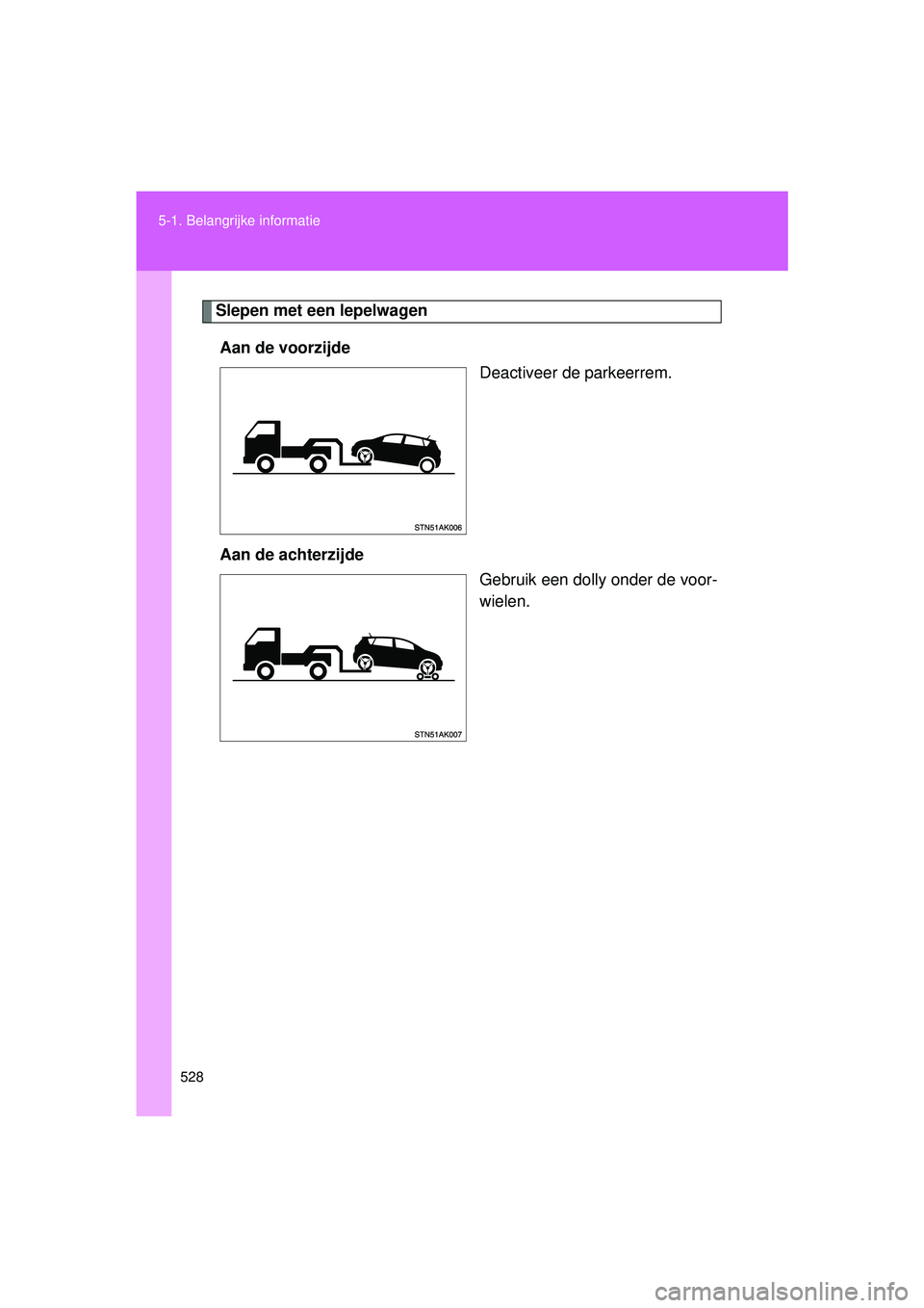 TOYOTA VERSO 2016  Instructieboekje (in Dutch) 528
5-1. Belangrijke informatie
VERSO_EE_OM64590E
Slepen met een lepelwagen
Aan de voorzijde Deactiveer de parkeerrem.
Aan de achterzijde Gebruik een dolly onder de voor-
wielen.
VERSO_OM_Europe_OM645