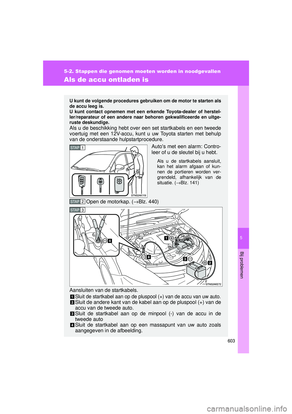 TOYOTA VERSO 2016  Instructieboekje (in Dutch) 5
603
5-2. Stappen die genomen moeten worden in noodgevallen
Bij problemen
VERSO_EE_OM64590E
Als de accu ontladen is
U kunt de volgende procedures gebruiken om de motor te starten als
de accu leeg is.