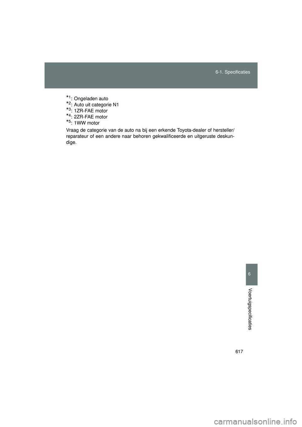TOYOTA VERSO 2016  Instructieboekje (in Dutch) 617
6-1. Specificaties
6
Voertuigspecificaties
VERSO_EE_OM64590E
*1: Ongeladen auto
*2: Auto uit categorie N1
*3: 1ZR-FAE motor
*4: 2ZR-FAE motor
*5:1WW motor
Vraag de categorie van de auto na bij een