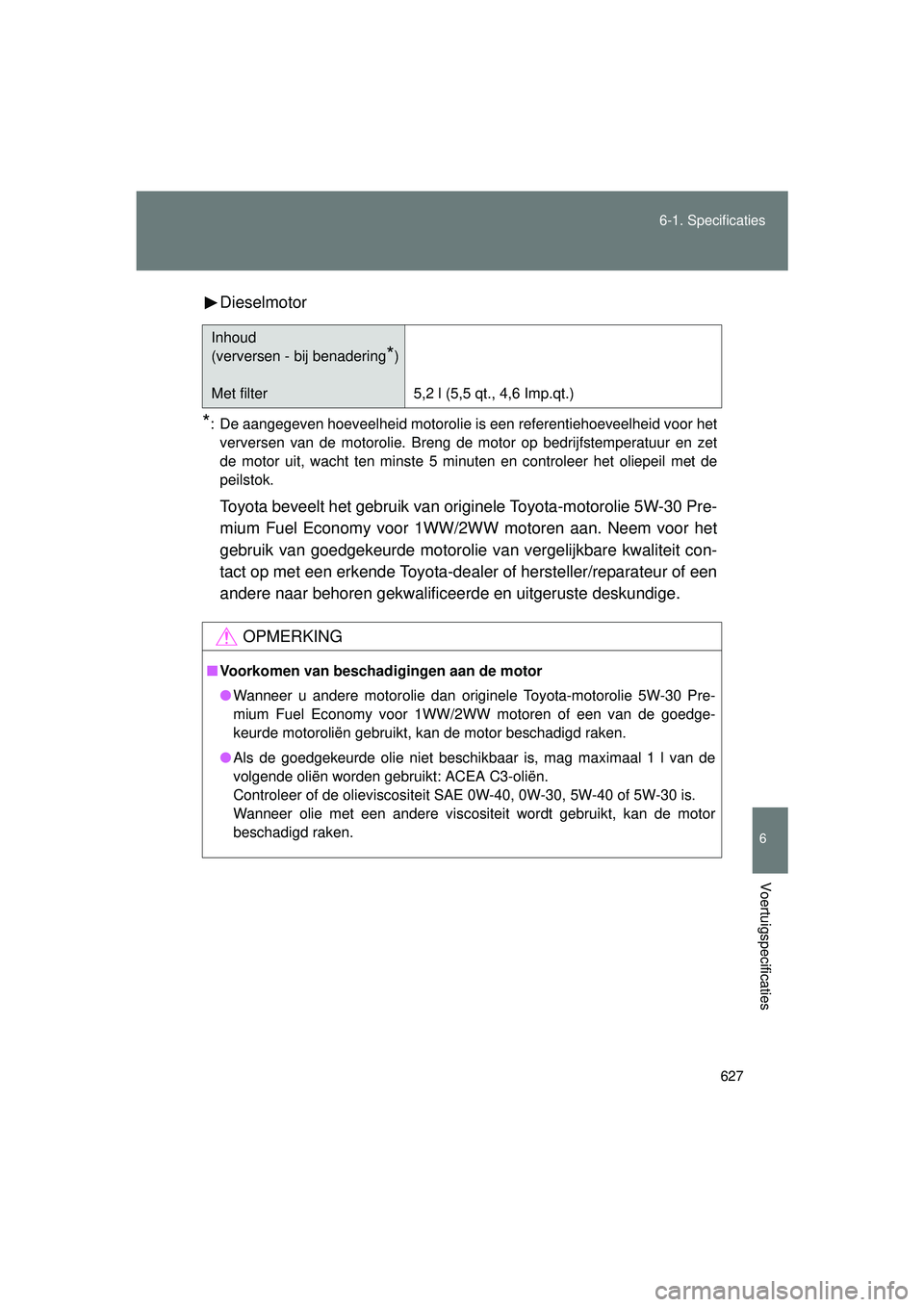 TOYOTA VERSO 2016 Instructieboekje (in Dutch) 627
6-1. Specificaties
6
Voertuigspecificaties
VERSO_EE_OM64590E
Dieselmotor
*: De aangegeven hoeveelheid motorolie is een referentiehoeveelheid voor het
verversen van de motorolie. Breng de motor op TOYOTA VERSO 2016 Instructieboekje (in Dutch) 627
6-1. Specificaties
6
Voertuigspecificaties
VERSO_EE_OM64590E
Dieselmotor
*: De aangegeven hoeveelheid motorolie is een referentiehoeveelheid voor het
verversen van de motorolie. Breng de motor op