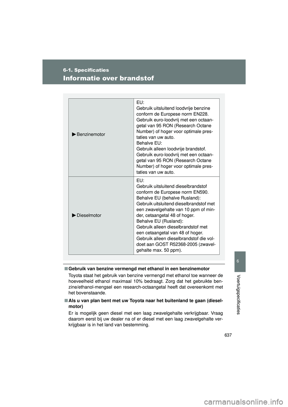 TOYOTA VERSO 2016 Instructieboekje (in Dutch) 637
6-1. Specificaties
6
Voertuigspecificaties
VERSO_EE_OM64590E
Infor matie over brandstof
■Gebruik van benzine vermengd met ethanol in een benzinemotor
Toyota staat het gebruik van benzine vermeng TOYOTA VERSO 2016 Instructieboekje (in Dutch) 637
6-1. Specificaties
6
Voertuigspecificaties
VERSO_EE_OM64590E
Infor matie over brandstof
■Gebruik van benzine vermengd met ethanol in een benzinemotor
Toyota staat het gebruik van benzine vermeng