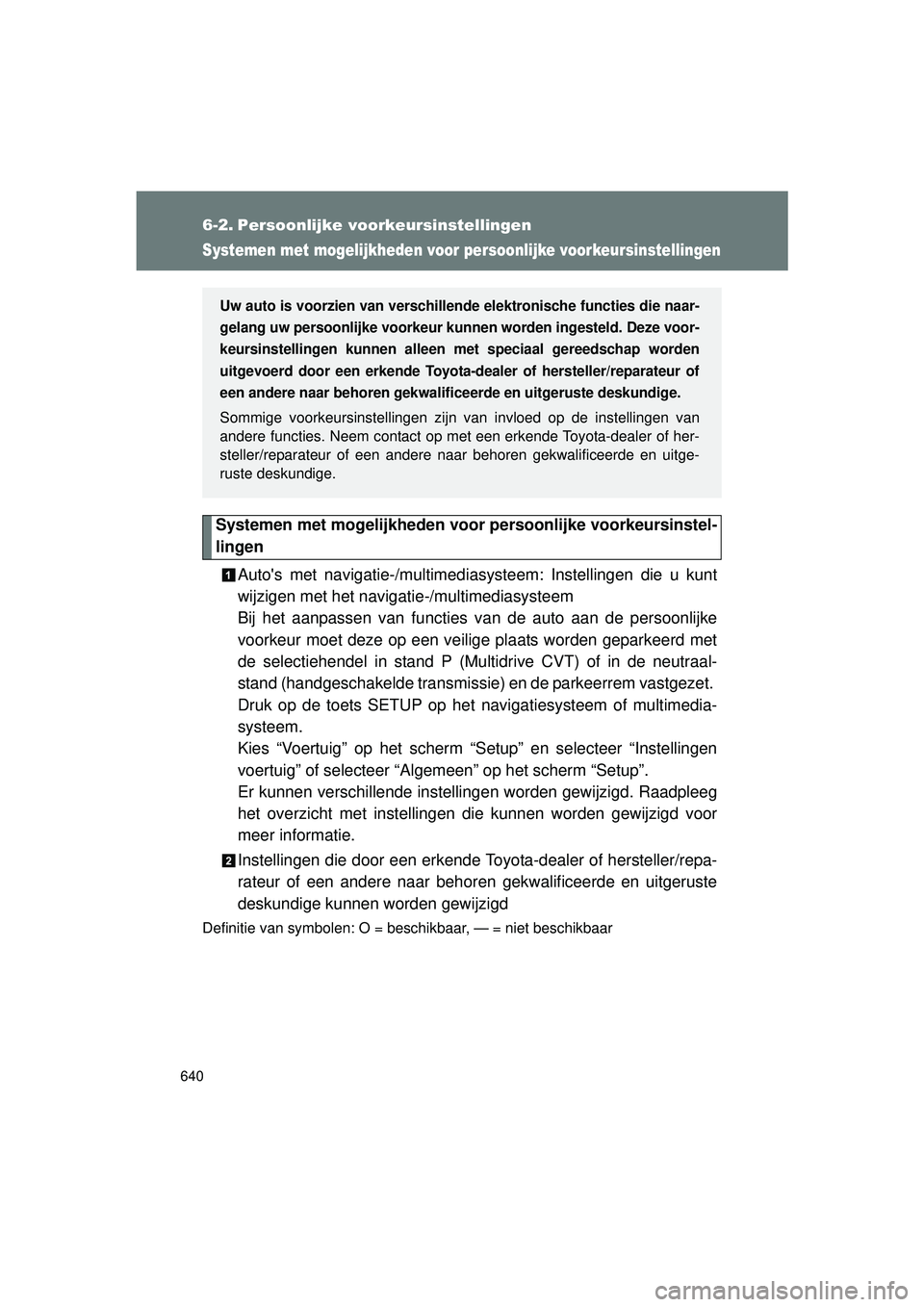 TOYOTA VERSO 2016 Instructieboekje (in Dutch) 640
VERSO_EE_OM64590E
6-2. Persoonlijke voorkeursinstellingen
Systemen met mogelijkheden voor persoonlijke voorkeursinstellingen
Systemen met mogelijkheden voor persoonlijke voorkeursinstel-
lingen
Au TOYOTA VERSO 2016 Instructieboekje (in Dutch) 640
VERSO_EE_OM64590E
6-2. Persoonlijke voorkeursinstellingen
Systemen met mogelijkheden voor persoonlijke voorkeursinstellingen
Systemen met mogelijkheden voor persoonlijke voorkeursinstel-
lingen
Au
