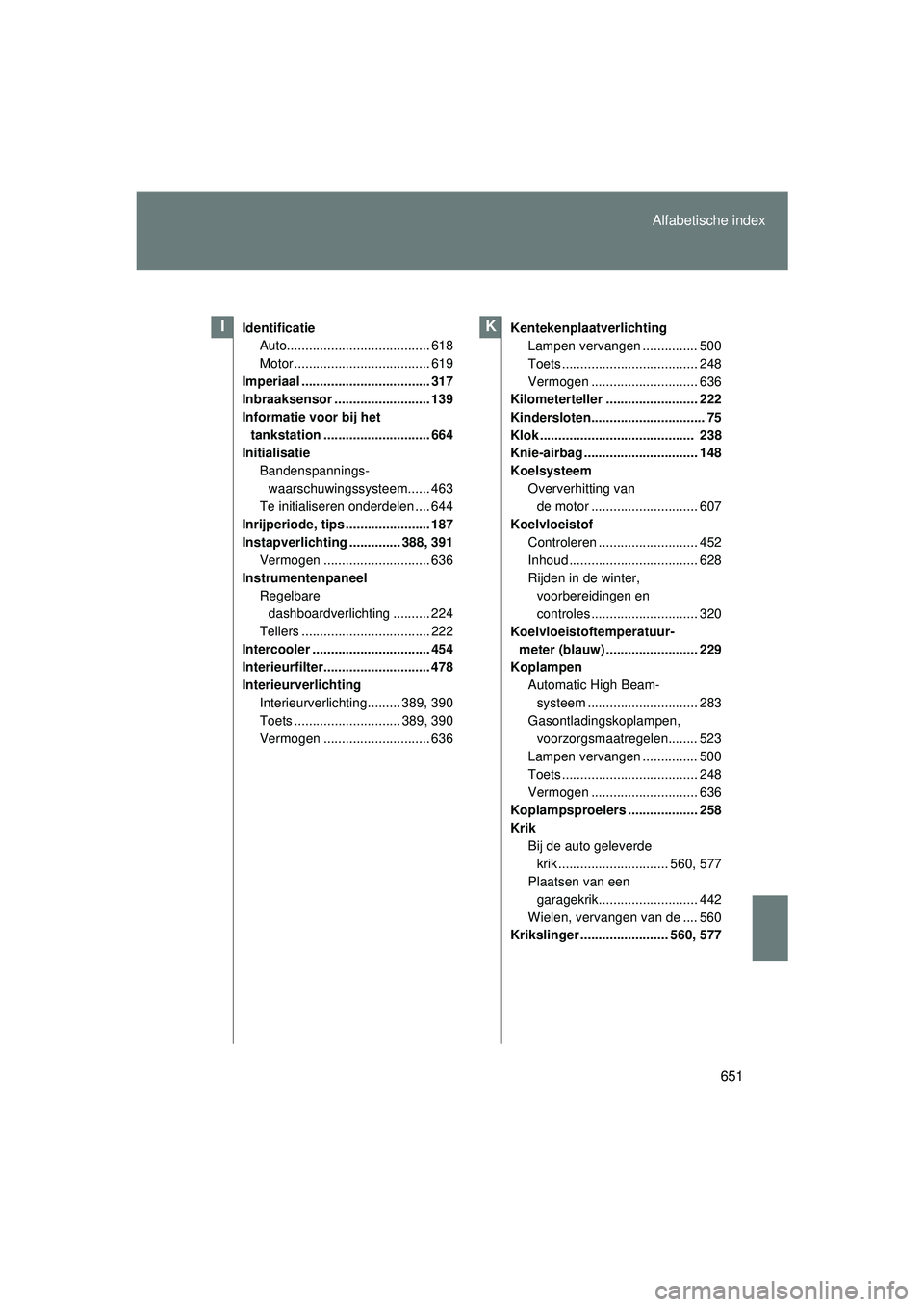TOYOTA VERSO 2016 Instructieboekje (in Dutch) 651
Alfabetische index
VERSO_EE_OM64590E
Identificatie
Auto....................................... 618
Motor ..................................... 619
Imperiaal ................................... 317 TOYOTA VERSO 2016 Instructieboekje (in Dutch) 651
Alfabetische index
VERSO_EE_OM64590E
Identificatie
Auto....................................... 618
Motor ..................................... 619
Imperiaal ................................... 317