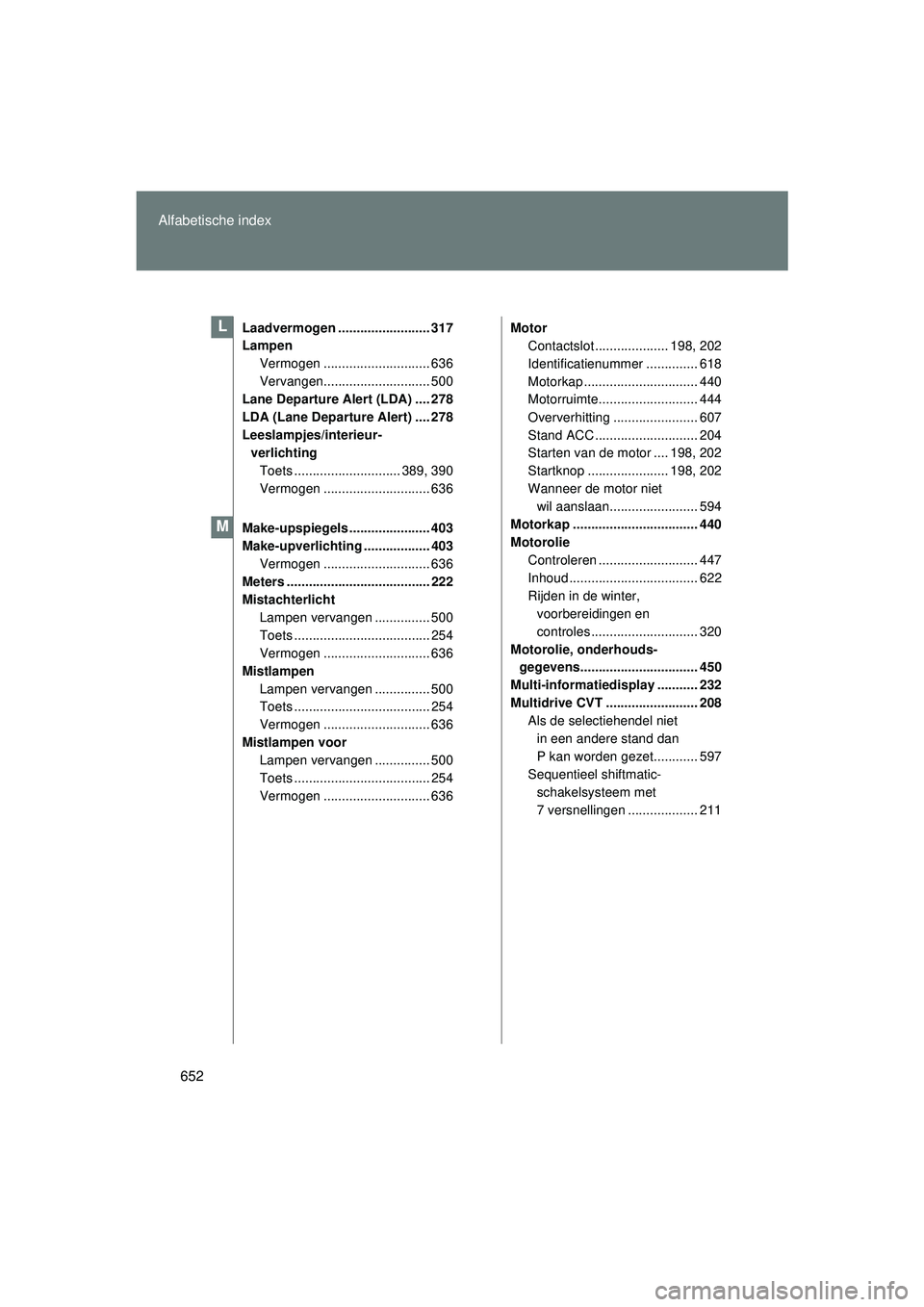 TOYOTA VERSO 2016 Instructieboekje (in Dutch) 652
Alfabetische index
VERSO_EE_OM64590E
Laadvermogen ......................... 317
Lampen
Vermogen ............................. 636
Vervangen............................. 500
Lane Departure Alert (L TOYOTA VERSO 2016 Instructieboekje (in Dutch) 652
Alfabetische index
VERSO_EE_OM64590E
Laadvermogen ......................... 317
Lampen
Vermogen ............................. 636
Vervangen............................. 500
Lane Departure Alert (L