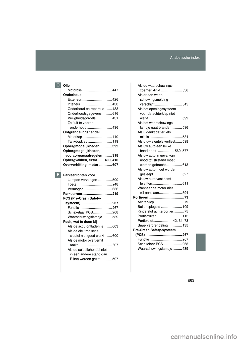TOYOTA VERSO 2016 Instructieboekje (in Dutch) 653
Alfabetische index
VERSO_EE_OM64590E
Olie
Motorolie ............................... 447
Onderhoud Exterieur................................ 426
Interieur ................................. 430
Onde TOYOTA VERSO 2016 Instructieboekje (in Dutch) 653
Alfabetische index
VERSO_EE_OM64590E
Olie
Motorolie ............................... 447
Onderhoud Exterieur................................ 426
Interieur ................................. 430
Onde