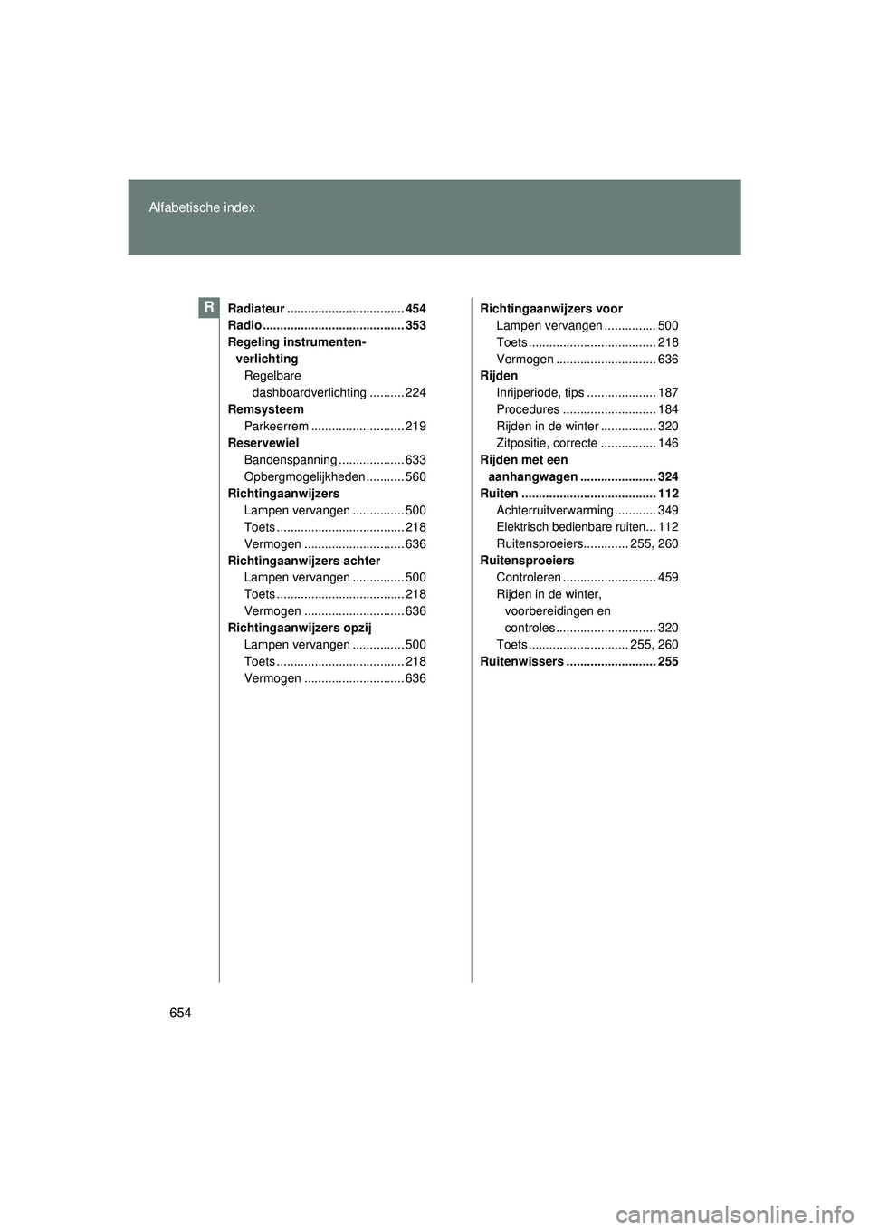 TOYOTA VERSO 2016 Instructieboekje (in Dutch) 654
Alfabetische index
VERSO_EE_OM64590E
Radiateur .................................. 454
Radio ......................................... 353
Regeling instrumenten-
verlichting Regelbare
dashboardver TOYOTA VERSO 2016 Instructieboekje (in Dutch) 654
Alfabetische index
VERSO_EE_OM64590E
Radiateur .................................. 454
Radio ......................................... 353
Regeling instrumenten-
verlichting Regelbare
dashboardver