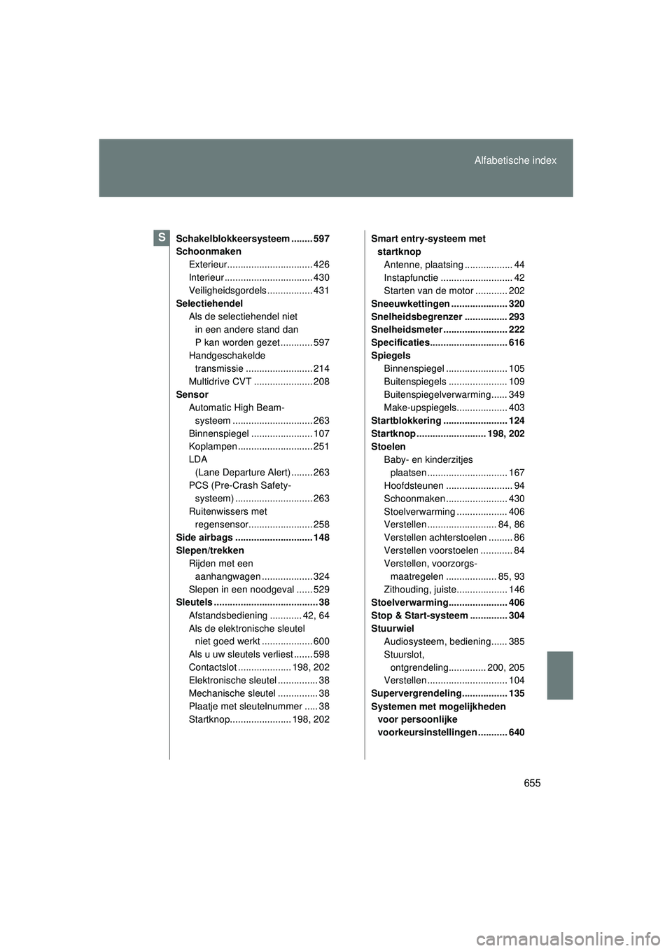 TOYOTA VERSO 2016 Instructieboekje (in Dutch) 655
Alfabetische index
VERSO_EE_OM64590E
Schakelblokkeersysteem ........ 597
Schoonmaken
Exterieur................................ 426
Interieur ................................. 430
Veiligheidsgordel TOYOTA VERSO 2016 Instructieboekje (in Dutch) 655
Alfabetische index
VERSO_EE_OM64590E
Schakelblokkeersysteem ........ 597
Schoonmaken
Exterieur................................ 426
Interieur ................................. 430
Veiligheidsgordel