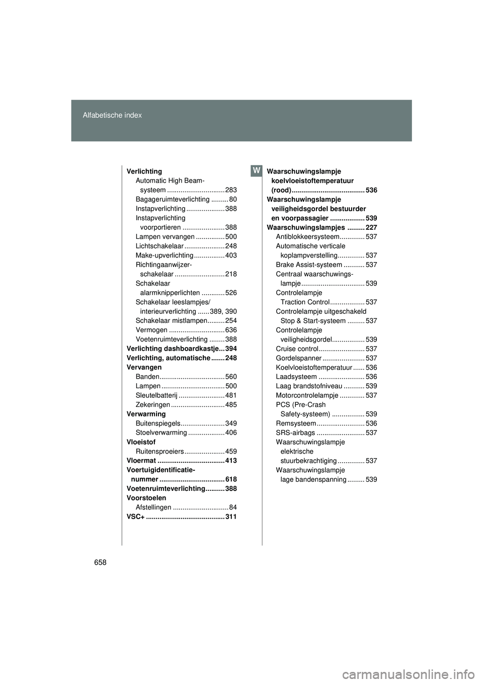 TOYOTA VERSO 2016 Instructieboekje (in Dutch) 658
Alfabetische index
VERSO_EE_OM64590E
Verlichting
Automatic High Beam-
systeem ........ ...................... 283
Bagageruimteverlichting ......... 80
Instapverlichting .................... 388
In TOYOTA VERSO 2016 Instructieboekje (in Dutch) 658
Alfabetische index
VERSO_EE_OM64590E
Verlichting
Automatic High Beam-
systeem ........ ...................... 283
Bagageruimteverlichting ......... 80
Instapverlichting .................... 388
In