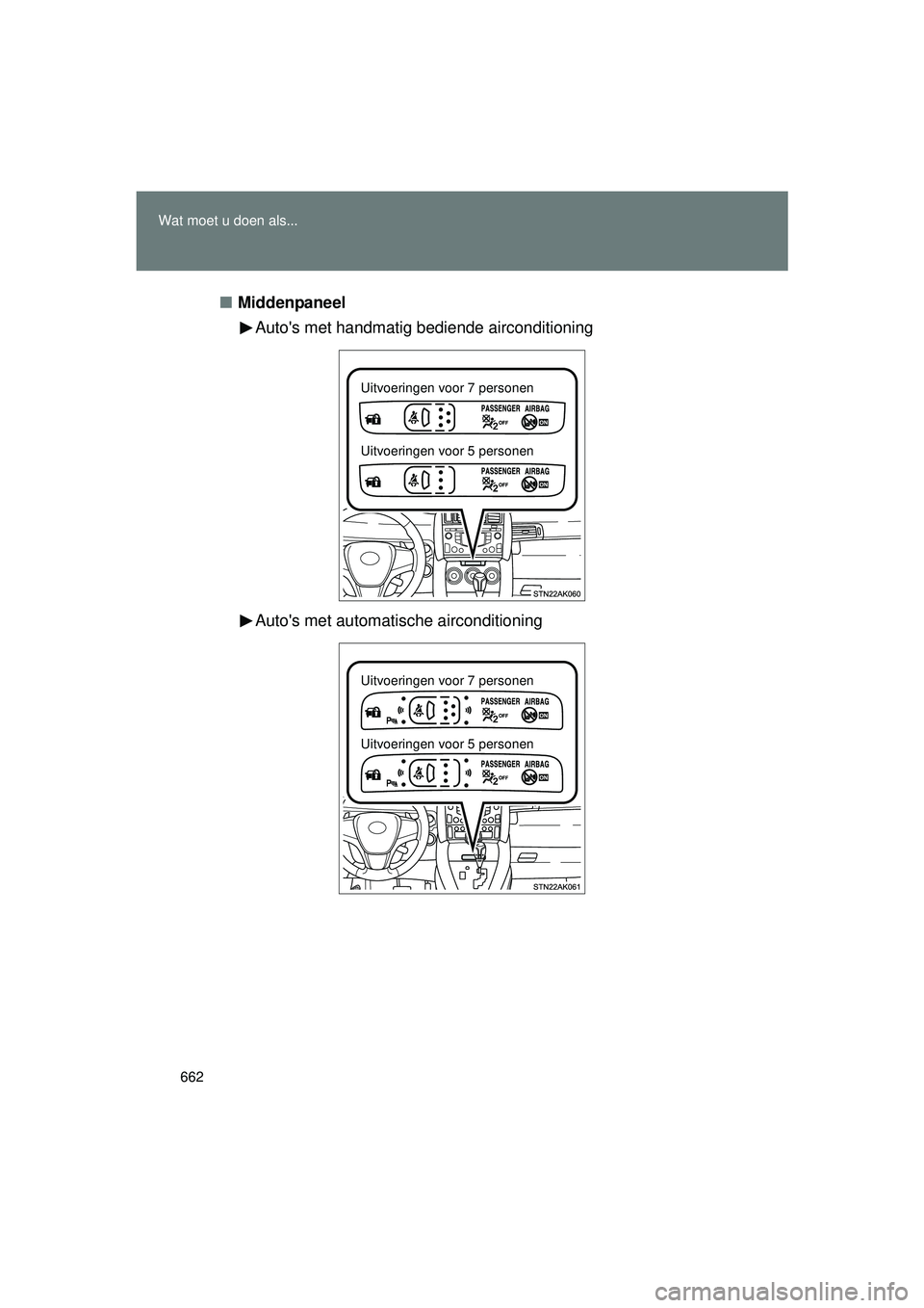TOYOTA VERSO 2016 Instructieboekje (in Dutch) 662
Wat moet u doen als...
VERSO_EE_OM64590E
■
Middenpaneel
Autos met handmatig bediende airconditioning
Autos met automatische airconditioning
Uitvoeringen voor 7 personen
Uitvoeringen voor 5 per TOYOTA VERSO 2016 Instructieboekje (in Dutch) 662
Wat moet u doen als...
VERSO_EE_OM64590E
■
Middenpaneel
Autos met handmatig bediende airconditioning
Autos met automatische airconditioning
Uitvoeringen voor 7 personen
Uitvoeringen voor 5 per