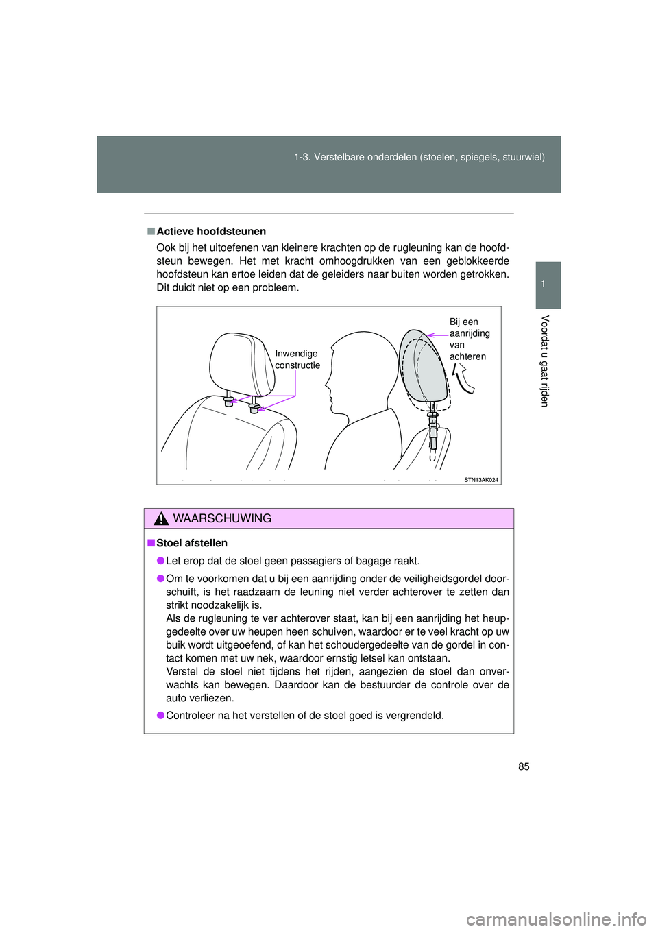 TOYOTA VERSO 2016  Instructieboekje (in Dutch) 85
1-3. Verstelbare onderdelen 
(stoelen, spiegels, stuurwiel)
1
Voordat u gaat rijden
VERSO_EE_OM64590E
■Actieve hoofdsteunen
Ook bij het uitoefenen van kleinere krachten op de rugleuning kan de ho