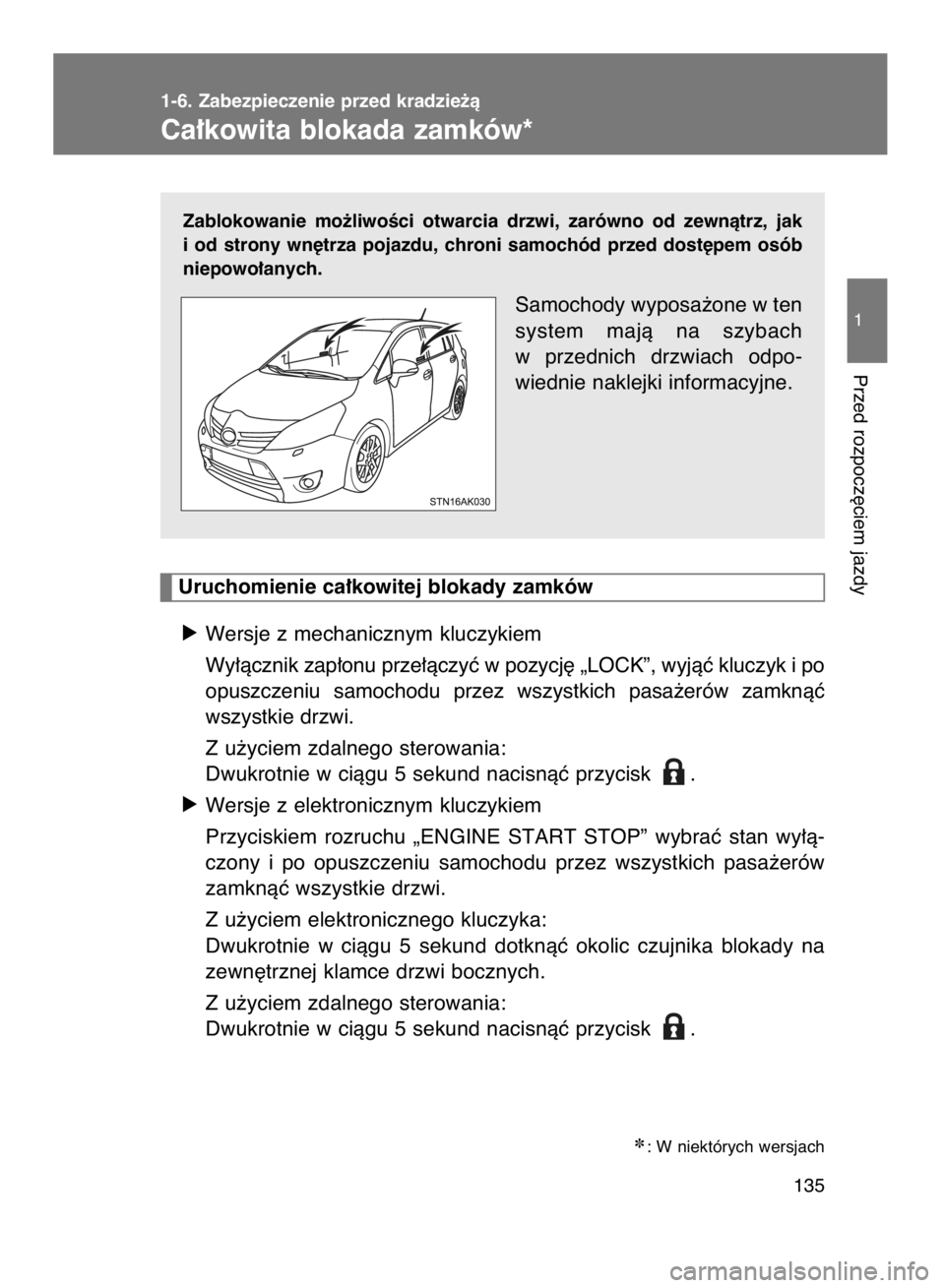 TOYOTA VERSO 2016  Instrukcja obsługi (in Polish) Zablokowanie  mo˝liwoÊci  otwarcia  drzwi,  zarówno  od  zewnàtrz,  jak
i od  strony  wn´trza  pojazdu,  chroni  samochód  przed  dost´pem  osób
niepowo∏anych.
Samochody wyposa˝one w ten
sy