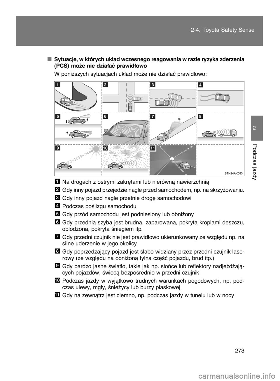 TOYOTA VERSO 2016  Instrukcja obsługi (in Polish) Sytuacje, w których uk∏ad wczesnego reagowania w razie ryzyka zderzenia
(PCS) mo˝e nie dzia∏aç prawid∏owo
W poni˝szych sytuacjach uk∏ad mo˝e nie dzia∏aç prawid∏owo:
Na drogach z ostr