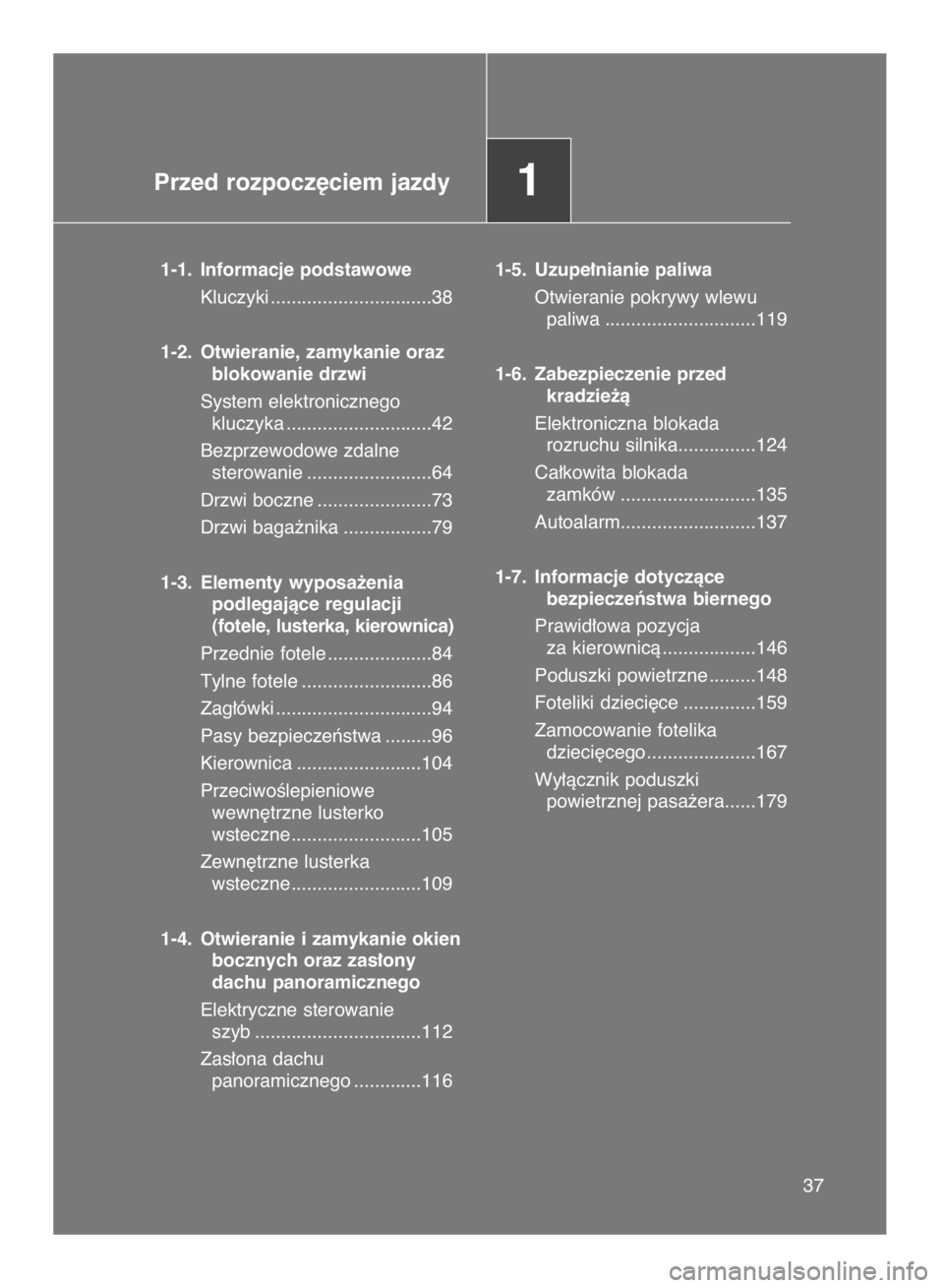 TOYOTA VERSO 2016  Instrukcja obsługi (in Polish) Przed rozpocz´ciem jazdy1
1-1. Informacje podstawowe
Kluczyki ...............................38
1-2. Otwieranie, zamykanie oraz
blokowanie drzwi
System elektronicznego 
kluczyka .....................