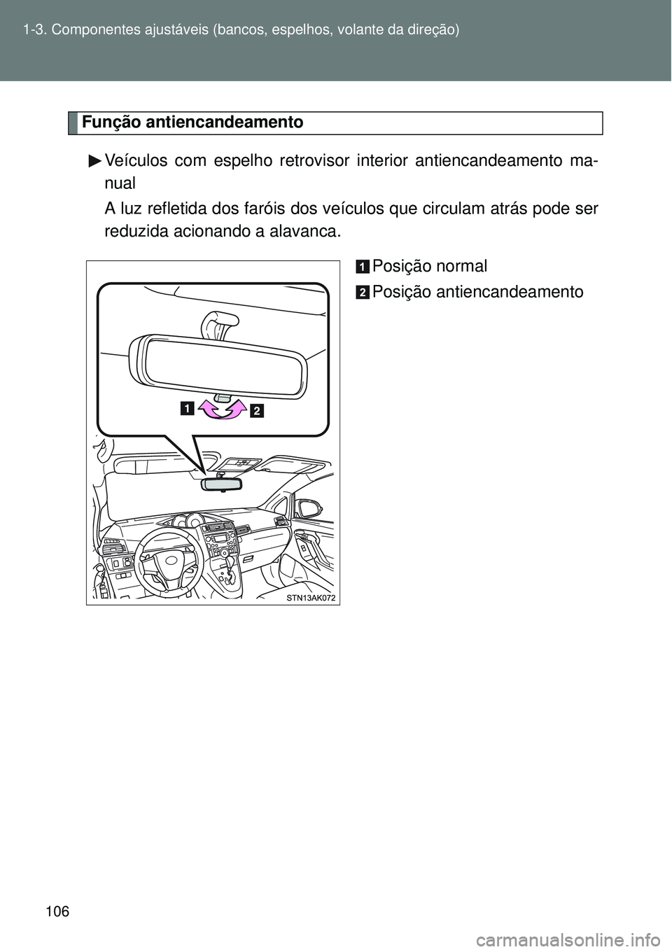 TOYOTA VERSO 2016 Manual de utilização (in Portuguese) 106 1-3. Componentes ajustáveis (bancos, espelhos, volante da direção)
Função antiencandeamento
Veículos com espelho retrovisor interior antiencandeamento ma-
nual
A luz refletida dos faróis do TOYOTA VERSO 2016 Manual de utilização (in Portuguese) 106 1-3. Componentes ajustáveis (bancos, espelhos, volante da direção)
Função antiencandeamento
Veículos com espelho retrovisor interior antiencandeamento ma-
nual
A luz refletida dos faróis do