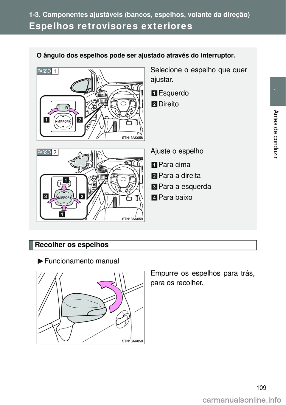 TOYOTA VERSO 2016 Manual de utilização (in Portuguese) 109
1
1-3. Componentes ajustáveis (bancos, espelhos, volante da direção)
Antes de conduzir
Espelhos retrovisores exteriores
Recolher os espelhos
Funcionamento manual
Empurre os espelhos para trás, TOYOTA VERSO 2016 Manual de utilização (in Portuguese) 109
1
1-3. Componentes ajustáveis (bancos, espelhos, volante da direção)
Antes de conduzir
Espelhos retrovisores exteriores
Recolher os espelhos
Funcionamento manual
Empurre os espelhos para trás,