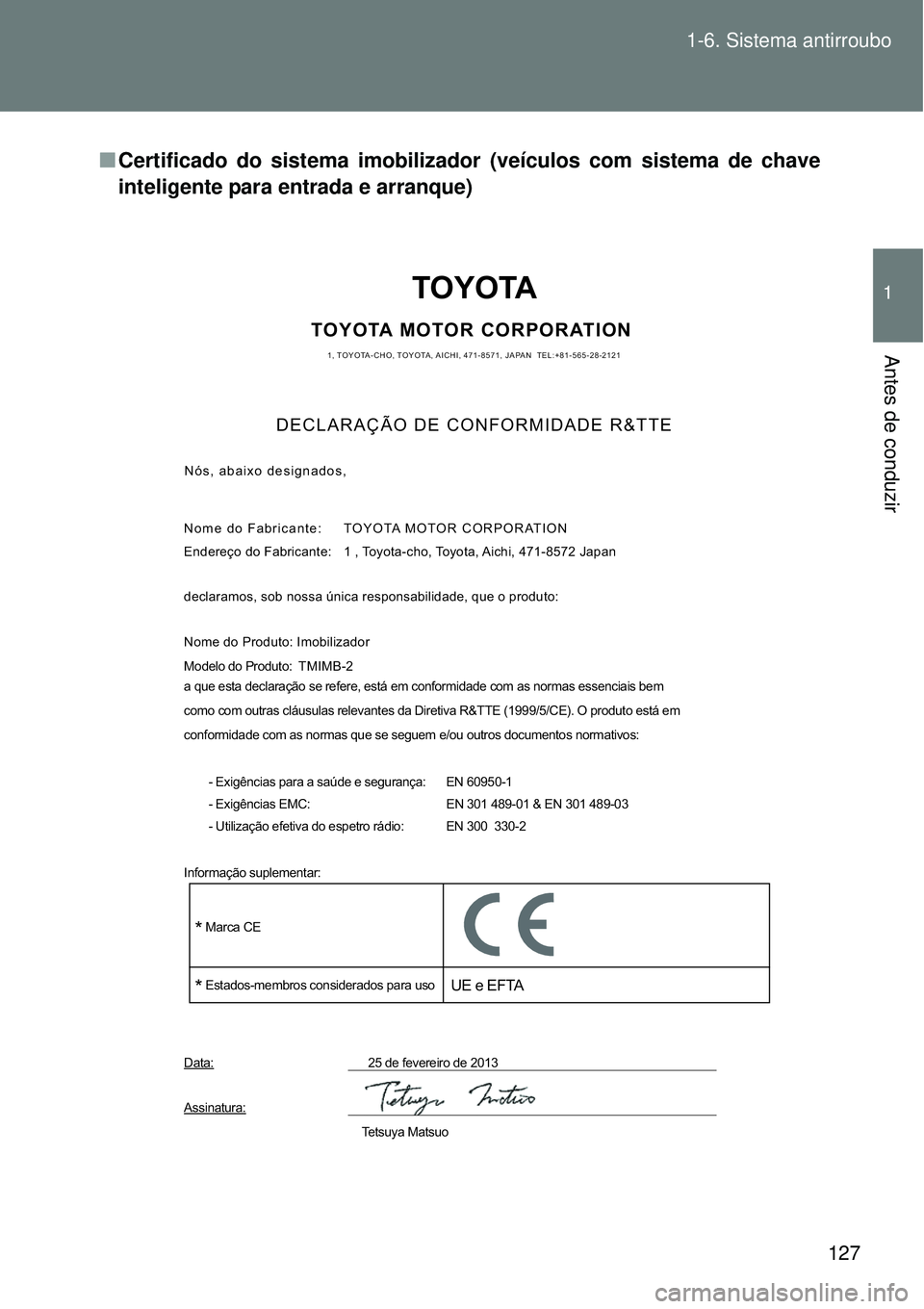 TOYOTA VERSO 2016 Manual de utilização (in Portuguese) 127 1-6. Sistema antirroubo
1
Antes de conduzir
nCertificado do sistema imobilizador (veículos com sistema de chave
inteligente para entrada e arranque)
TOYOTA
TOYOTA MOTOR CORPORATION1, TOYOTA-CHO, TOYOTA VERSO 2016 Manual de utilização (in Portuguese) 127 1-6. Sistema antirroubo
1
Antes de conduzir
nCertificado do sistema imobilizador (veículos com sistema de chave
inteligente para entrada e arranque)
TOYOTA
TOYOTA MOTOR CORPORATION1, TOYOTA-CHO,