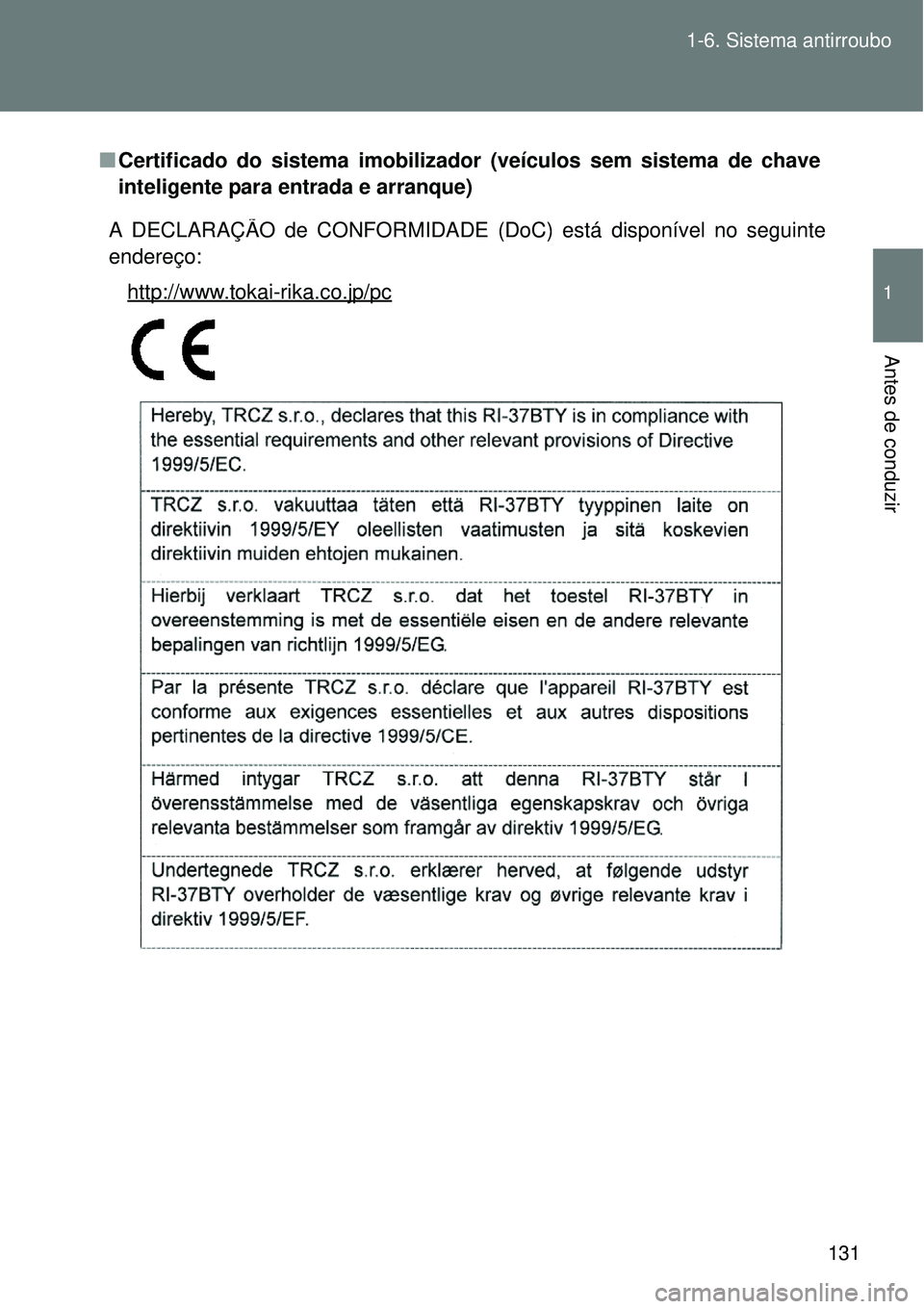 TOYOTA VERSO 2016  Manual de utilização (in Portuguese) 131 1-6. Sistema antirroubo
1
Antes de conduzir
nCertificado do sistema imobilizador (veículos sem sistema de chave
inteligente para entrada e arranque)
A DECLARAÇÃO de CONFORMIDADE (DoC) está dis
